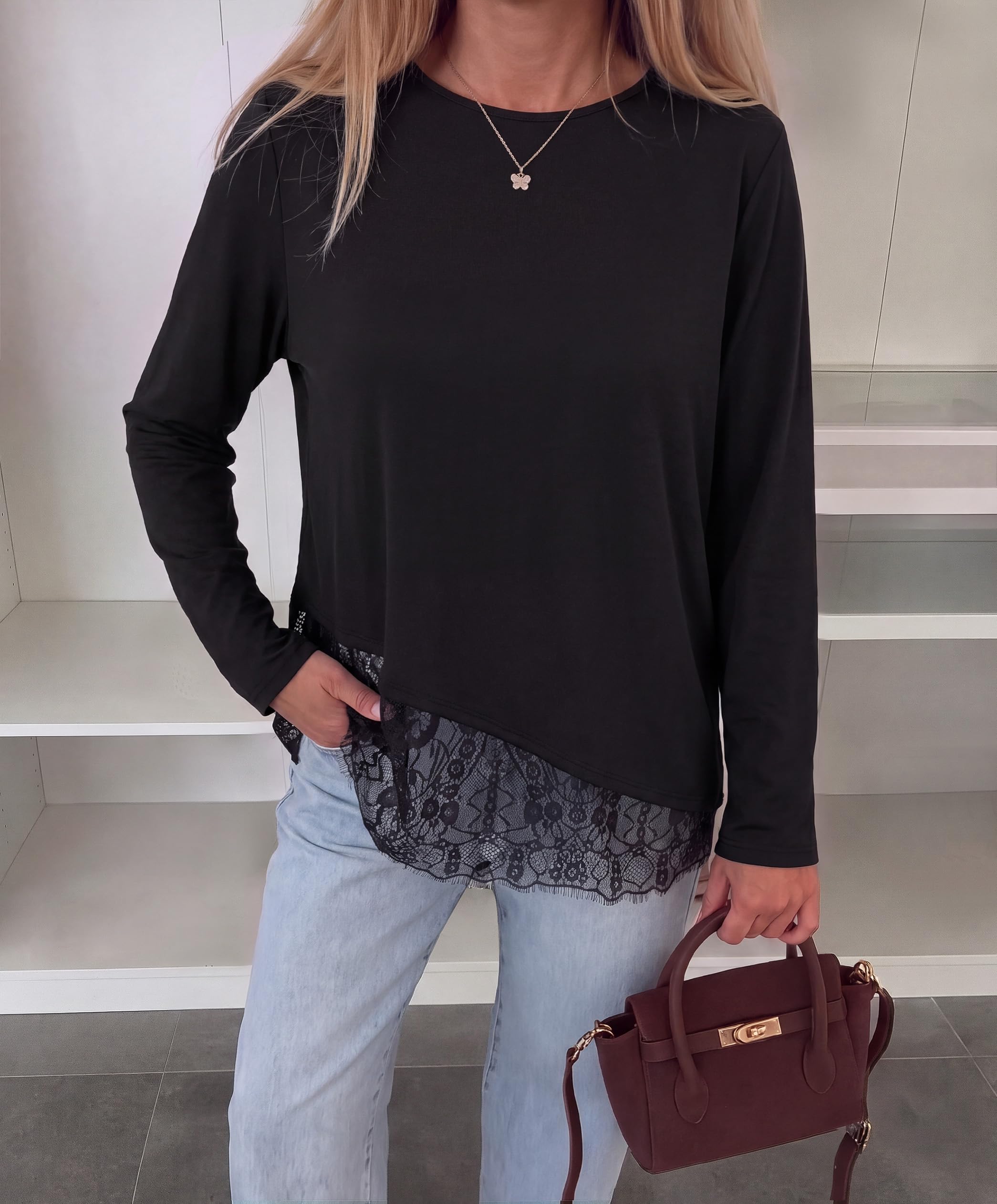 Women's Lace Patchwork Long Sleeve Shirts,Black,S