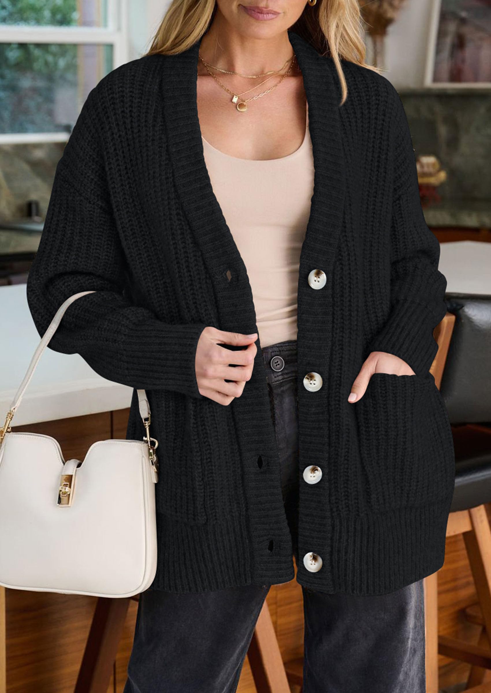 Oversized Cardigan Sweaters for Women Button Up,Black,S