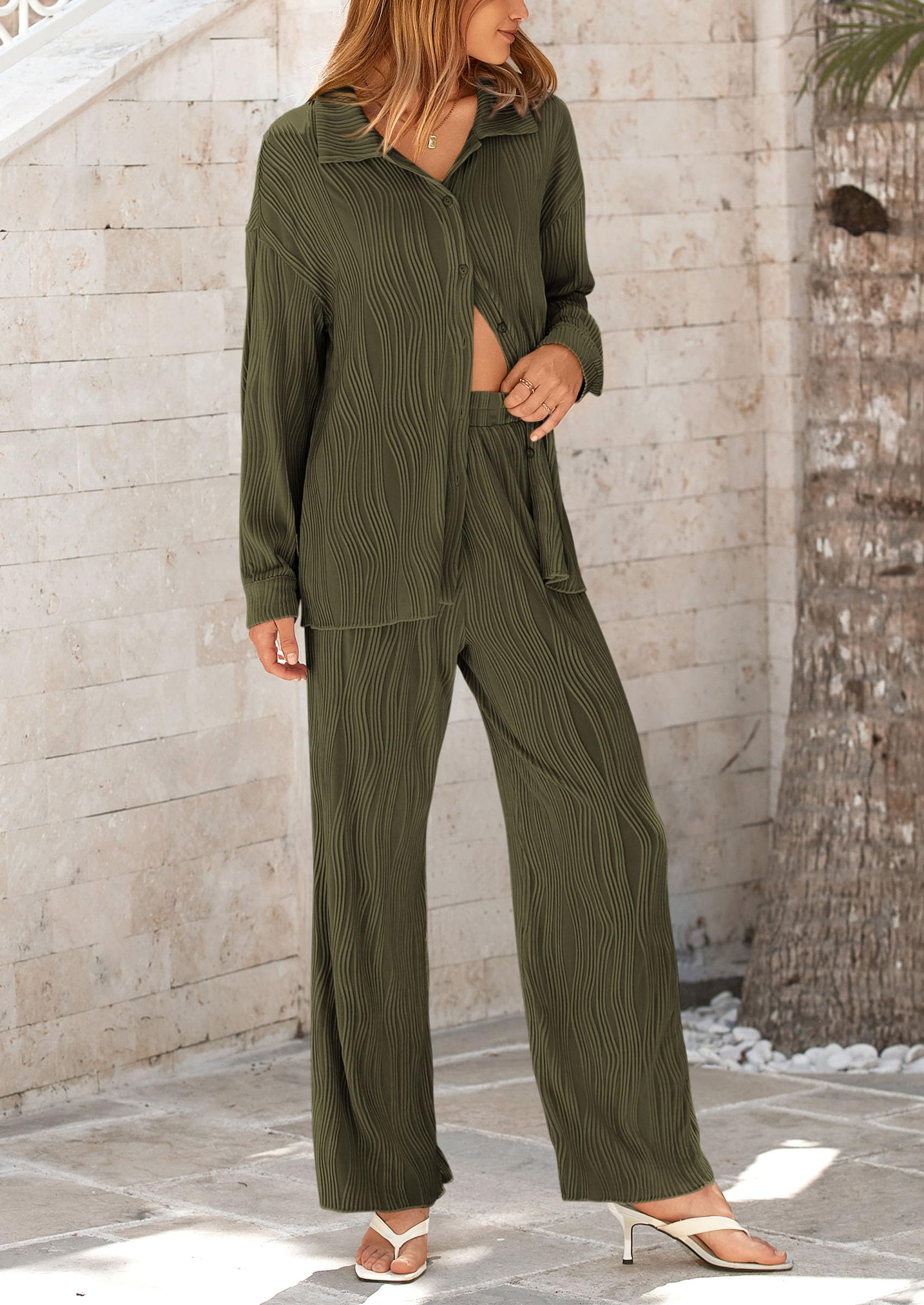 Womens 2 Piece Sets Button Down Lounge Tracksuit,Army Green,M