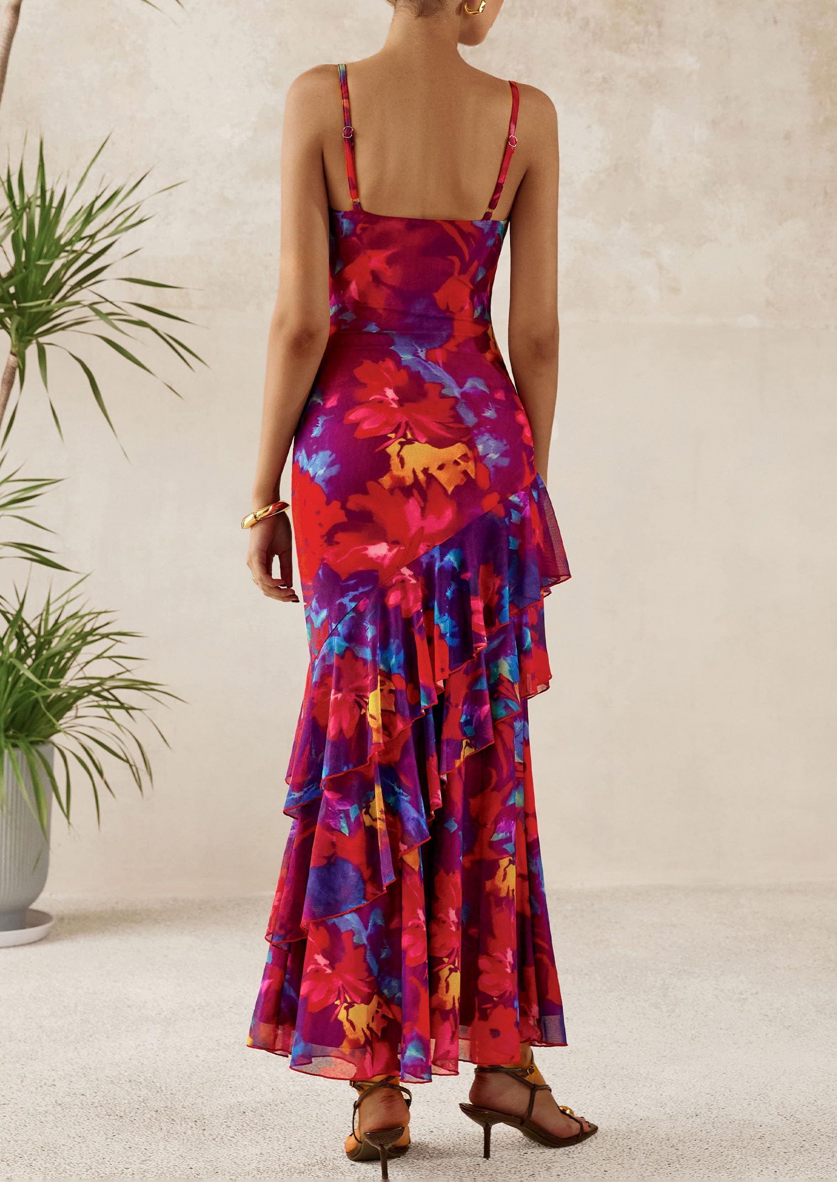 Women's Boho Floral Tiered Maxi Dress, Navy Red Big Floral,XS