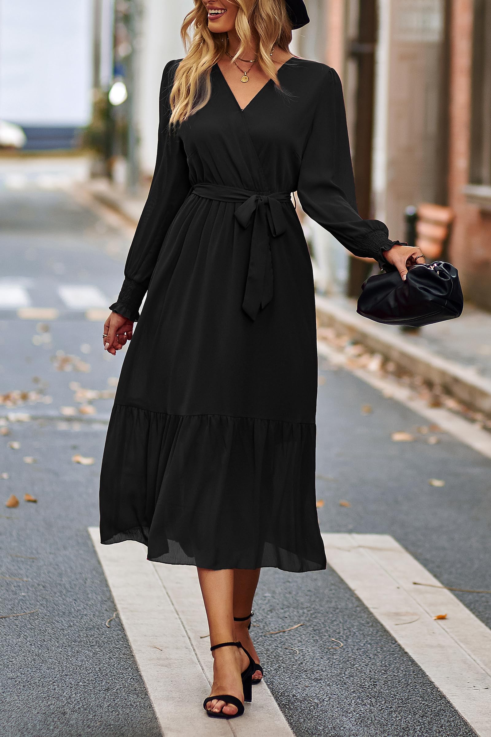 Womens Long Sleeve Boho Maxi Fall Floral Wedding Guest Dresses