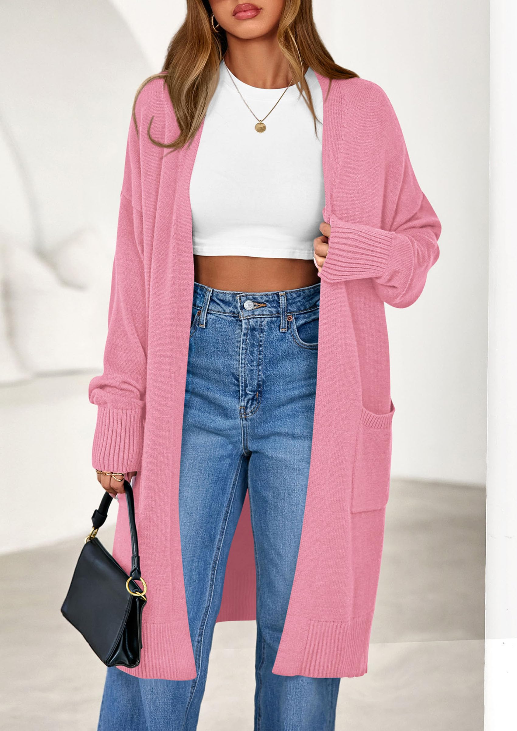 Women's Oversized Open Front Long Knit Cardigan,Pink,M