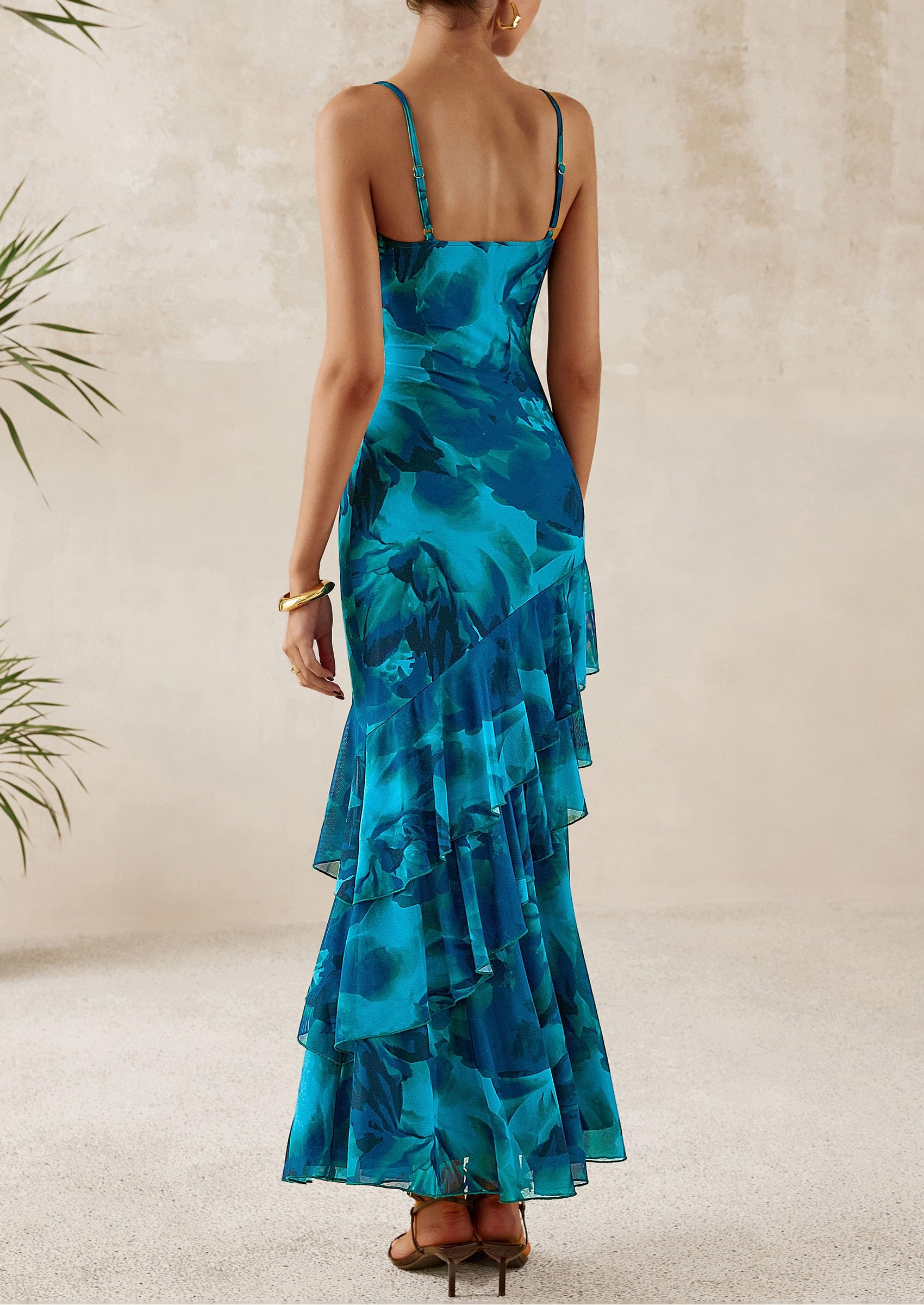 Women's Boho Floral Tiered Maxi Dress, Print Blue Green,XS