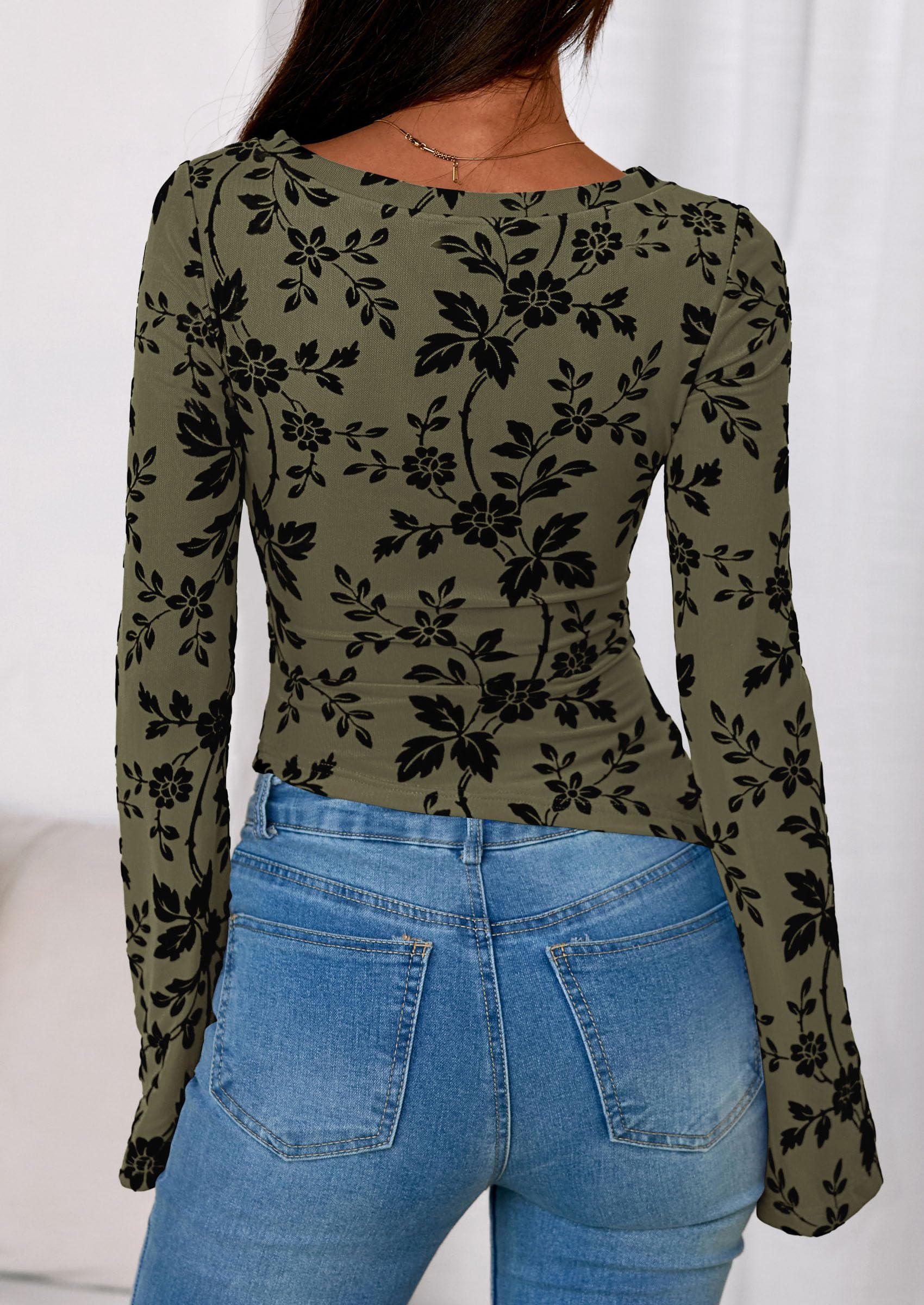 Women's Long Bell Sleeve Y2K Tops Boho Floral Mesh Blouses