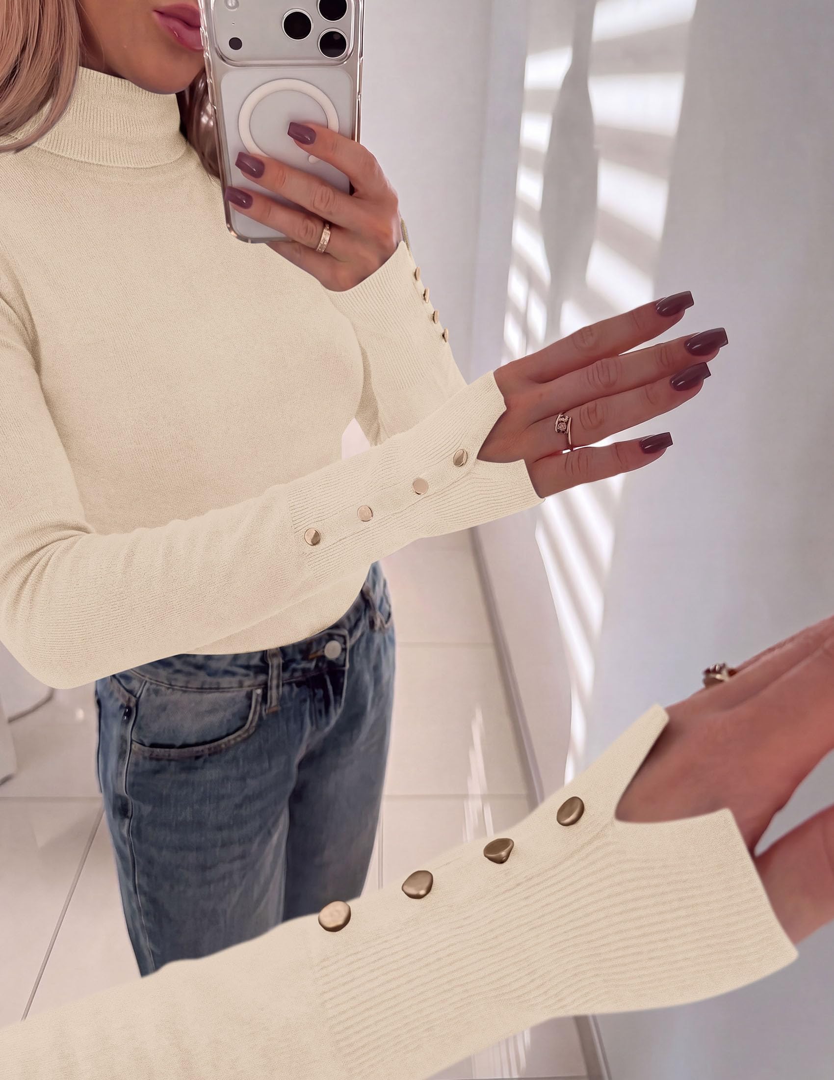 Women Turtleneck Sweaters Fall Long Sleeve Tops,Apricot,S