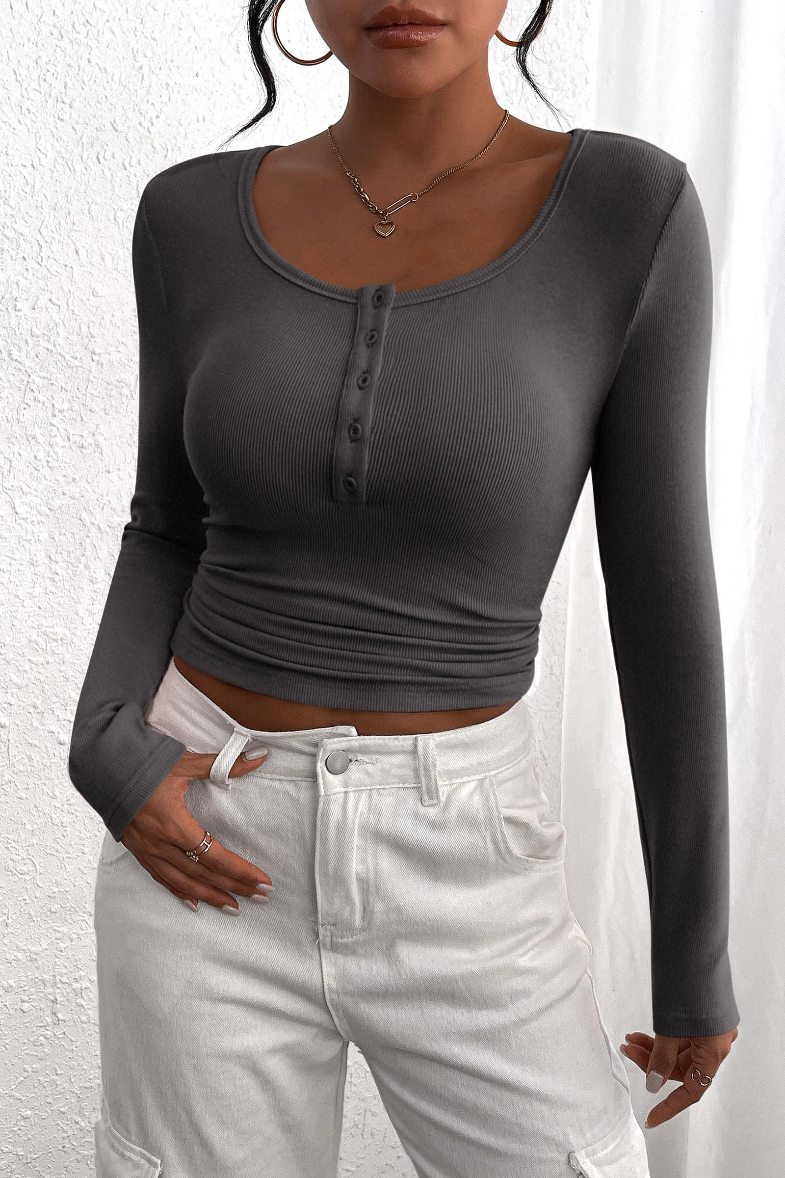 Women's Fall Long Sleeve Henley T Shirts Dark Grey