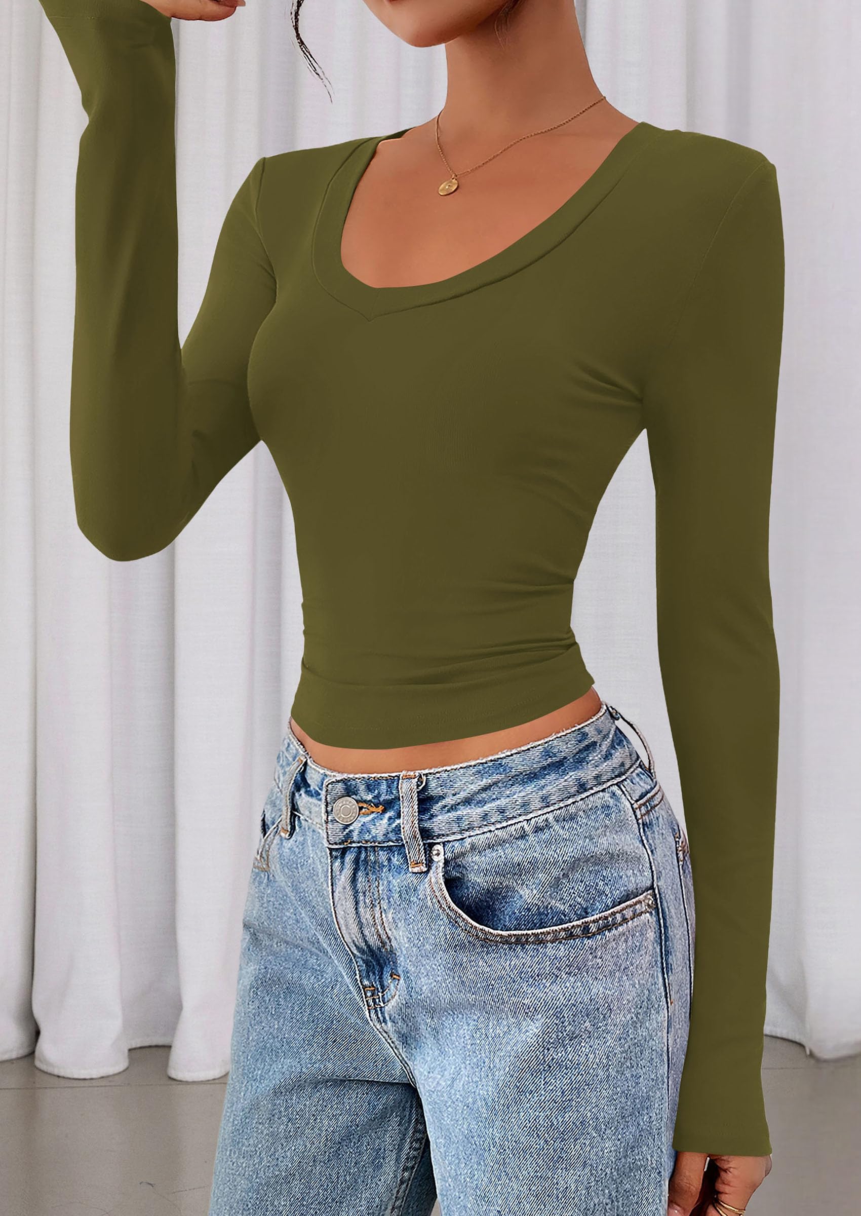 Womens Long Sleeve Slim Fit Crop Tops,Army Green,XS