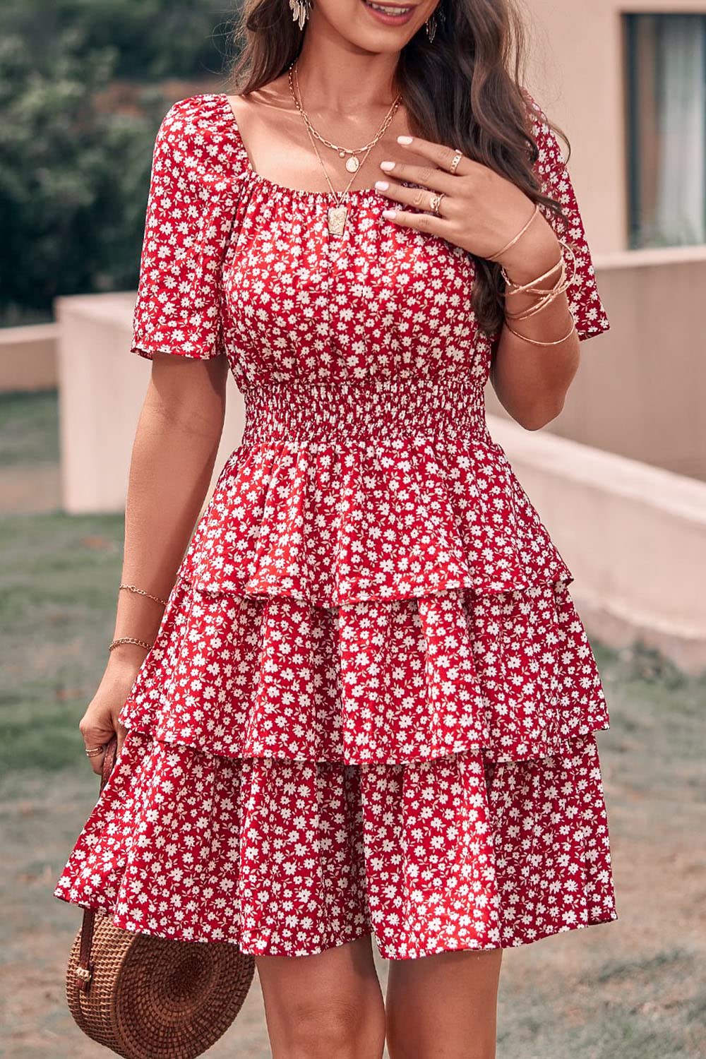Women's Summer Floral Ruffle Short Dress Red,S