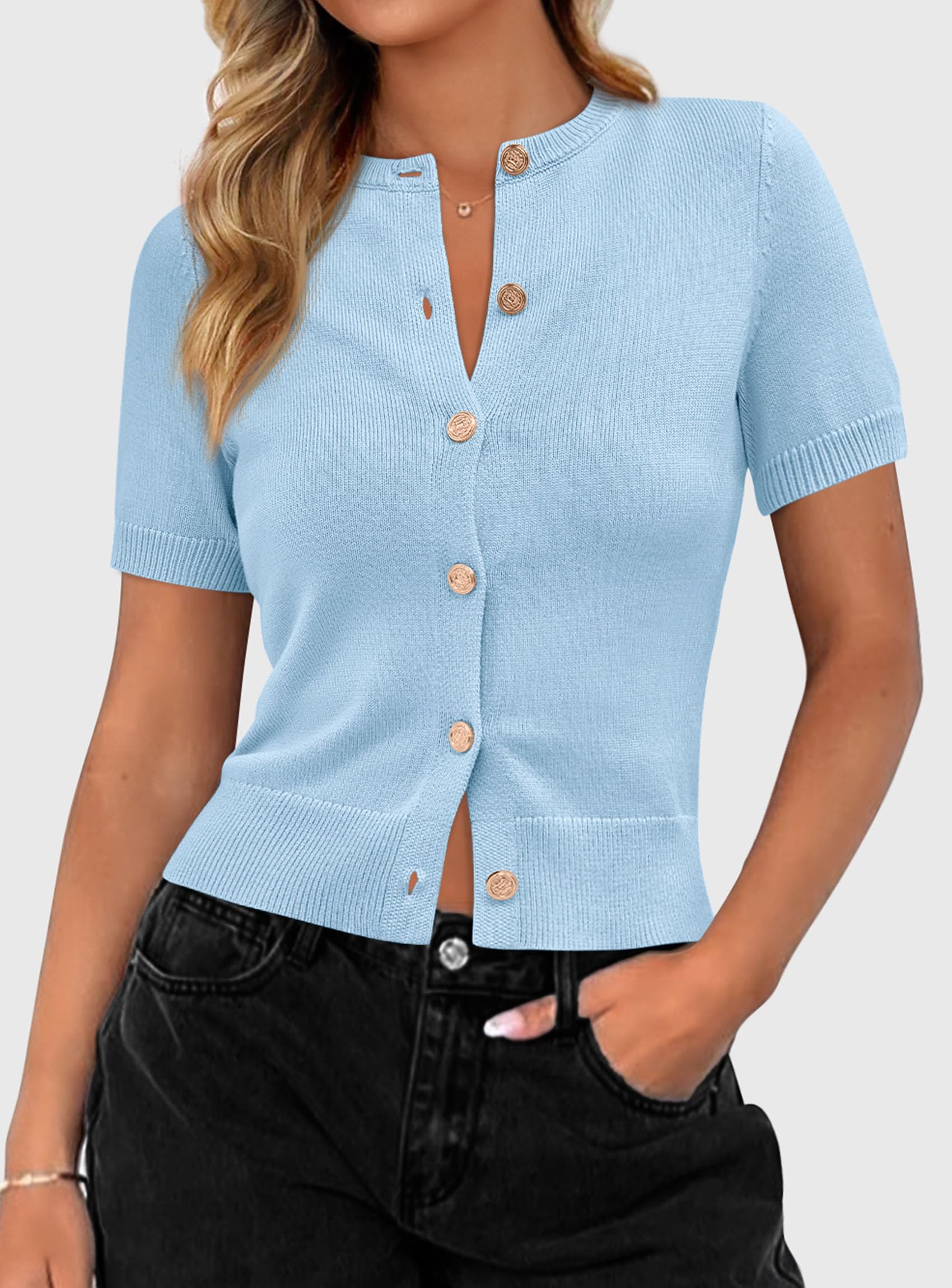 Womens Summer Cardigan Short Sleeve Sweater,Light Blue,S
