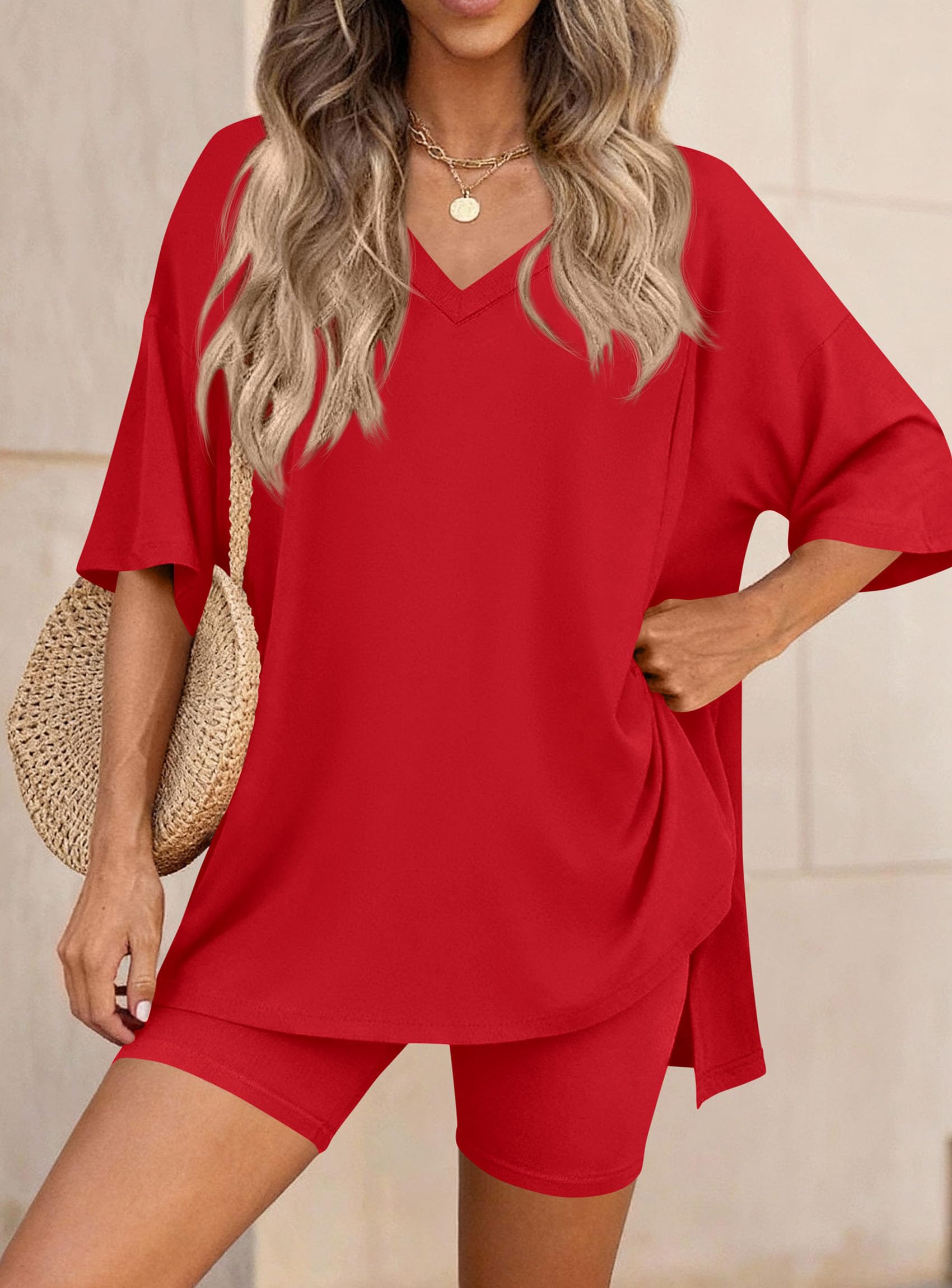 Womens 2 Piece Outfit Lounge Short Sets,Red,S
