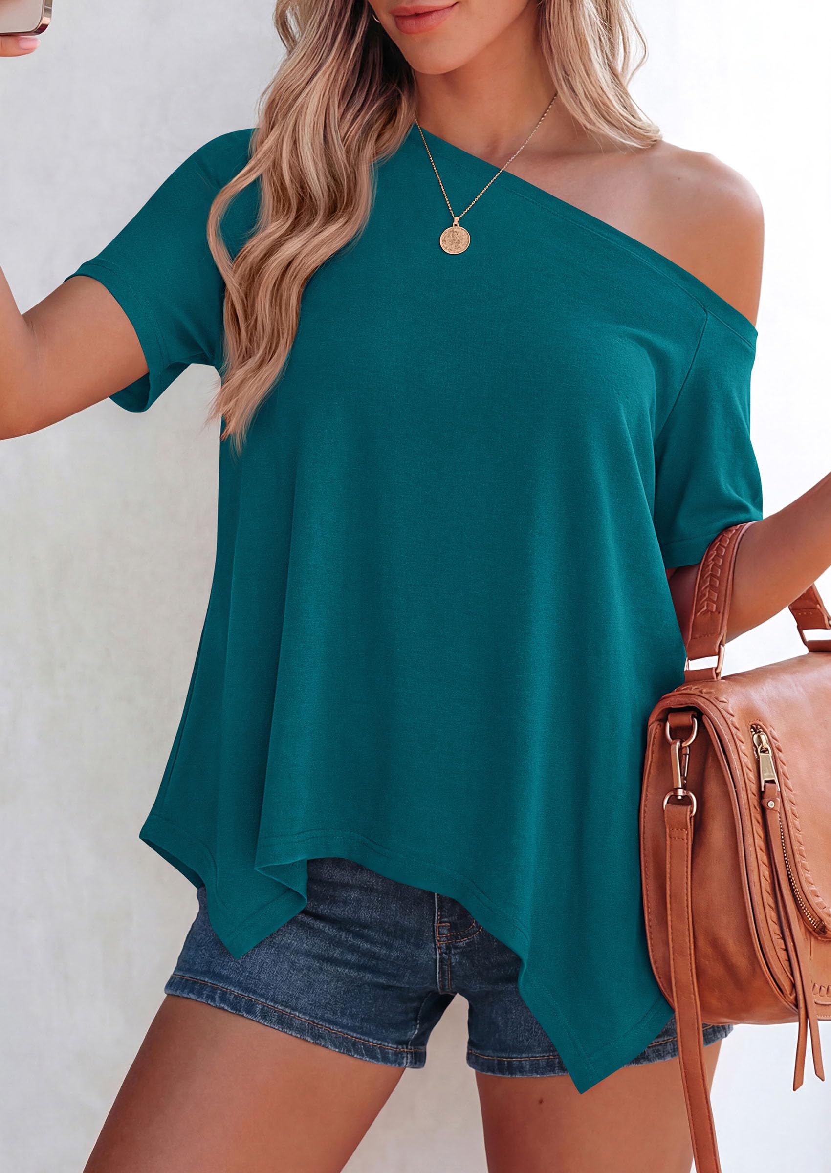 Off Shoulder Tops for Women Oversized Tshirts, Lake Blue,S