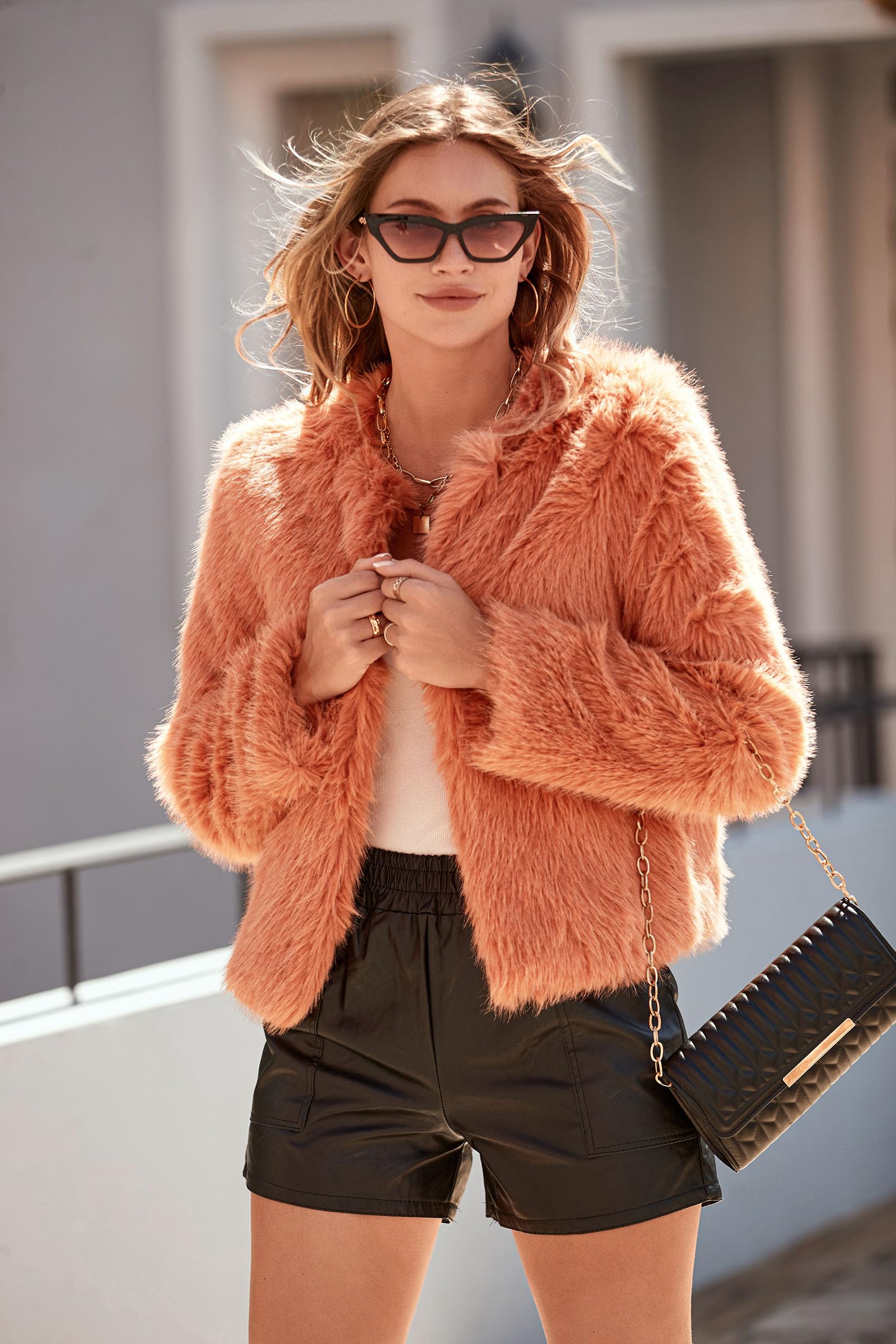 Women's Winter Cropped Faux Fur Coats(Orange,Small)