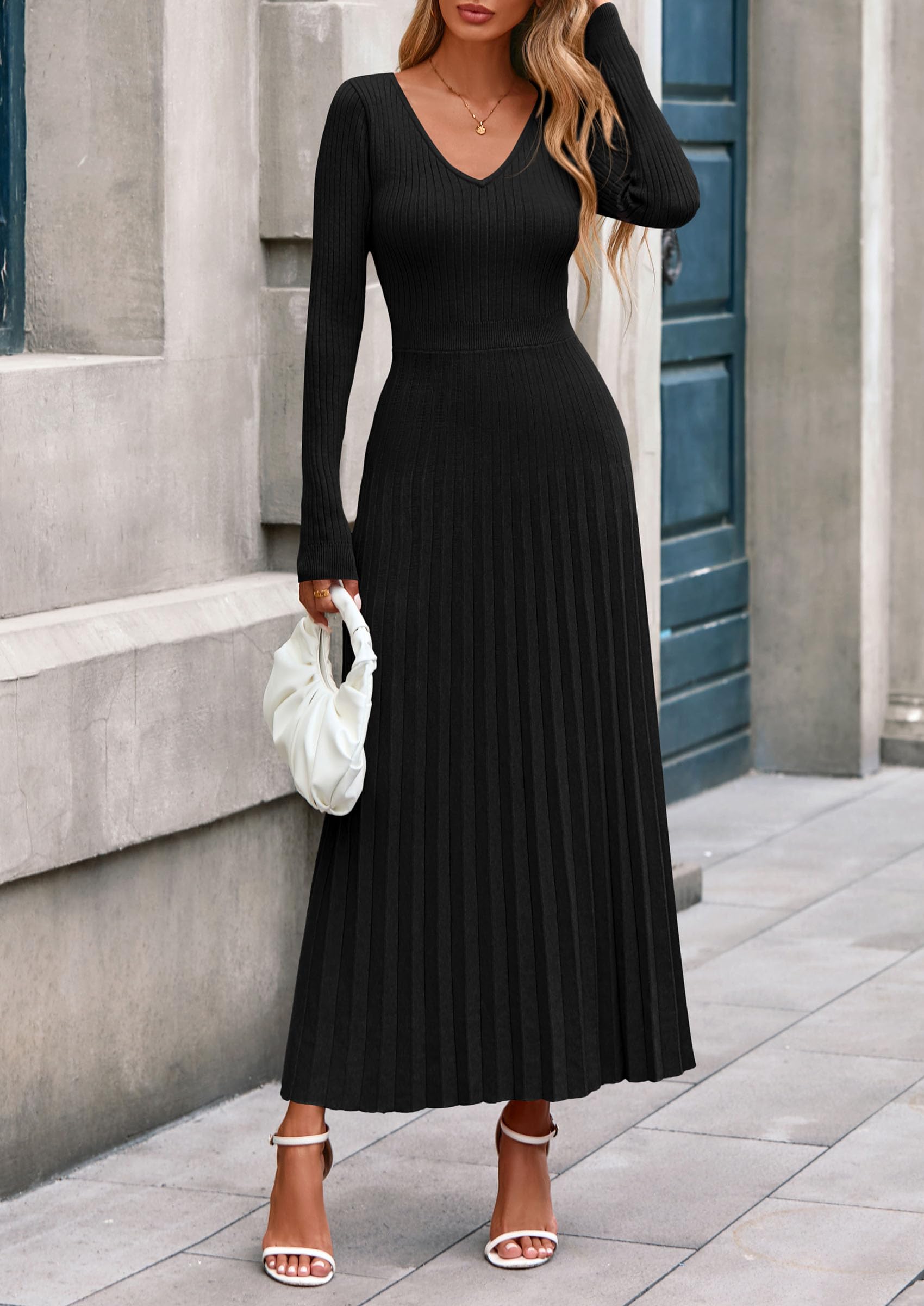 Sweater Dress Women Long Sleeve Maxi Flowy Pleated Dresses