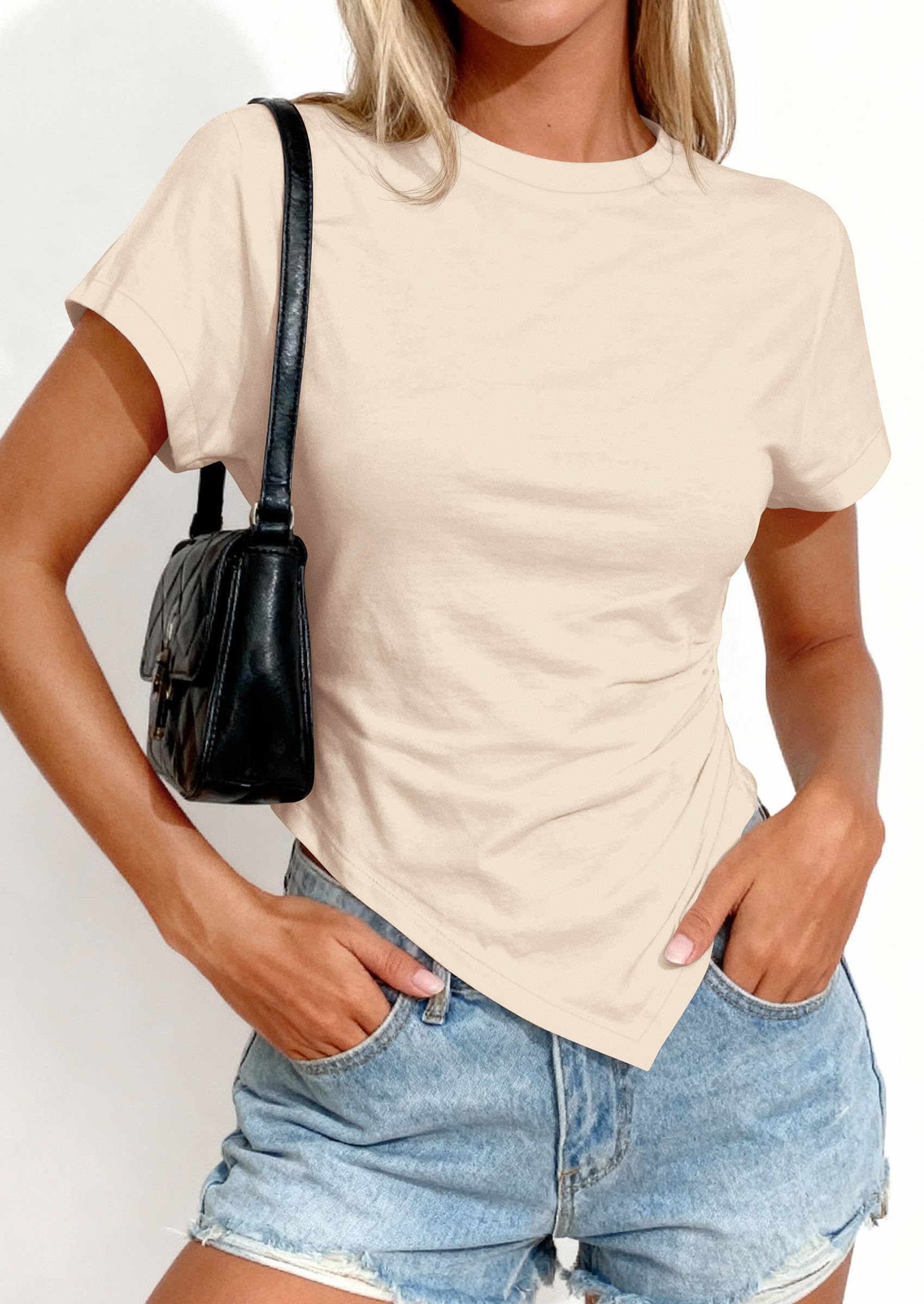 Womens Asymmetrical Summer Short Sleeve Tops,Beige,XS
