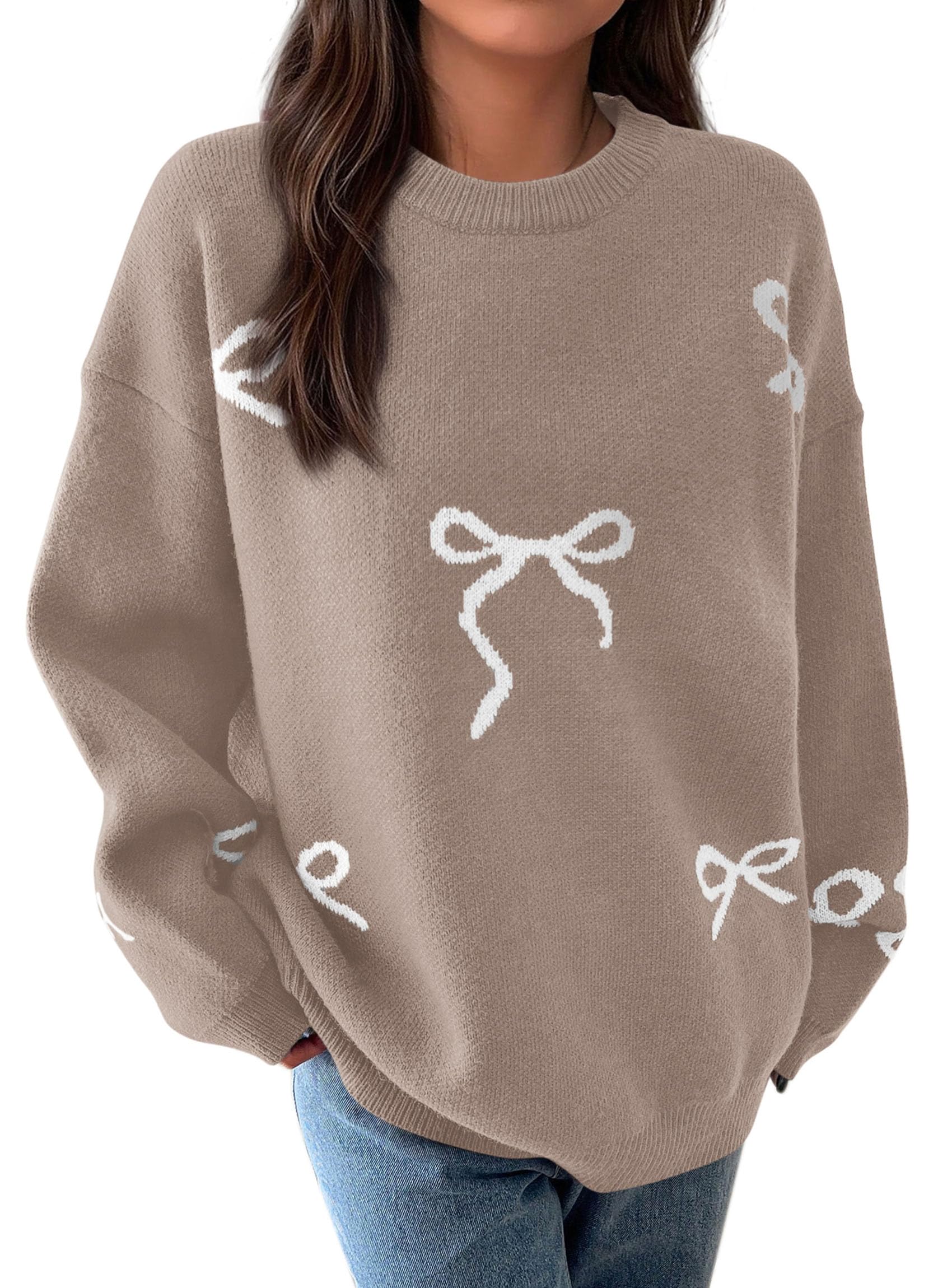 Fall Long Sleeve Pullover Sweaters for Women 2026 Trendy Crewneck Casual Cute Bow Chunky Knit Oversized Sweater (Khaki,Small)