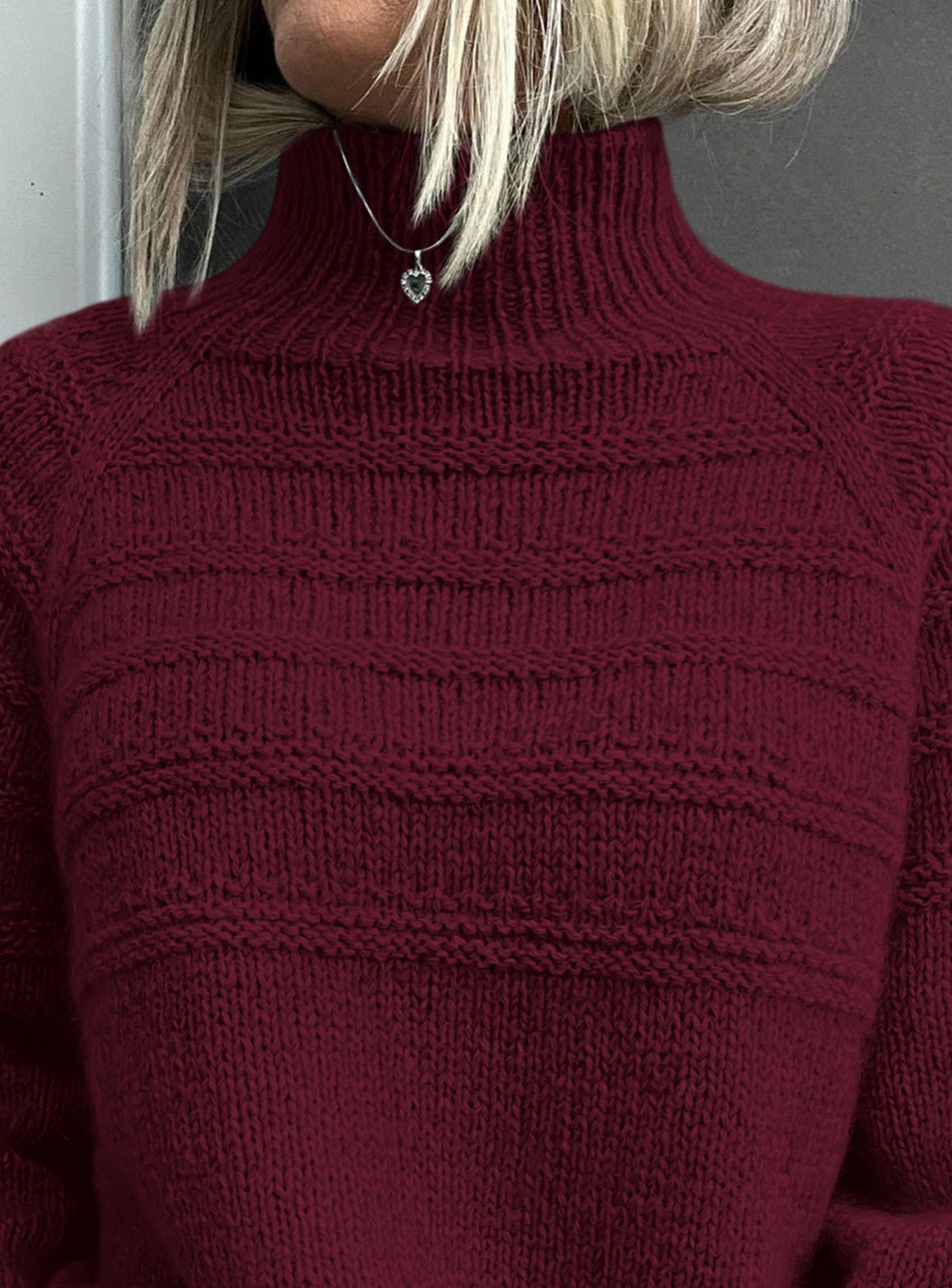 Women's Chunky Knit Mock Neck Pullover Sweaters,Burgundy,S