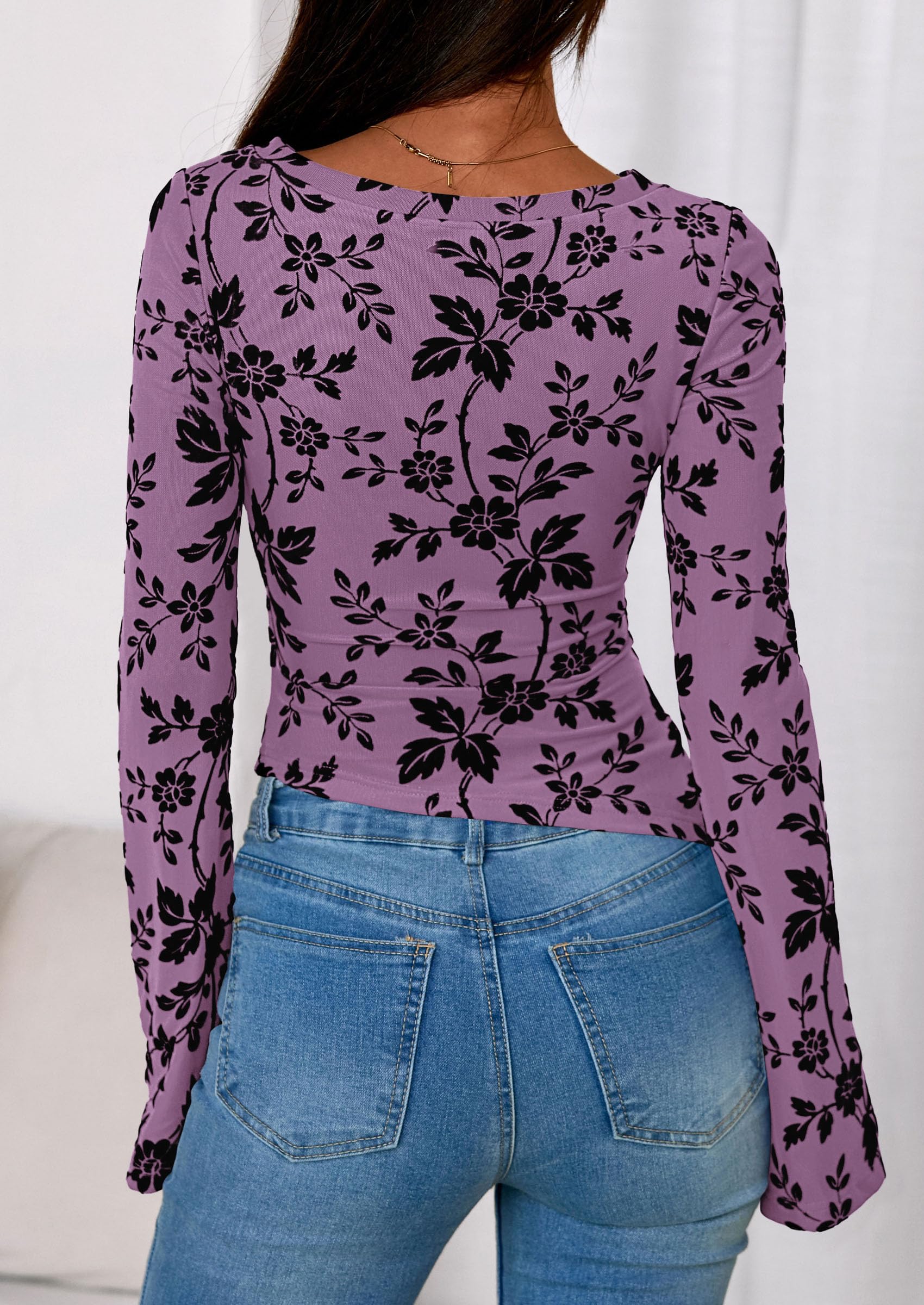 Women's Long Bell Sleeve Y2K Tops Boho Floral Mesh Blouses