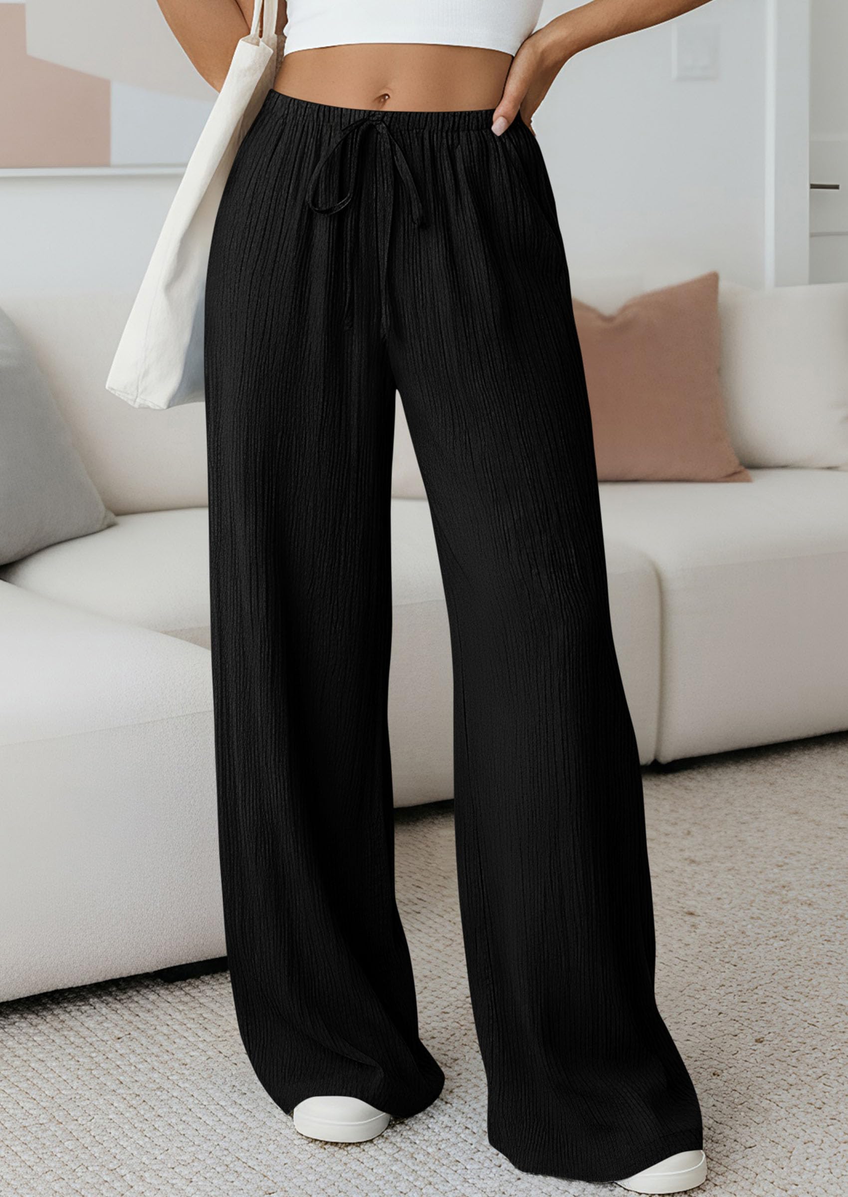 Women's Palazzo Pants Casual Wide Leg Trousers,Black,S
