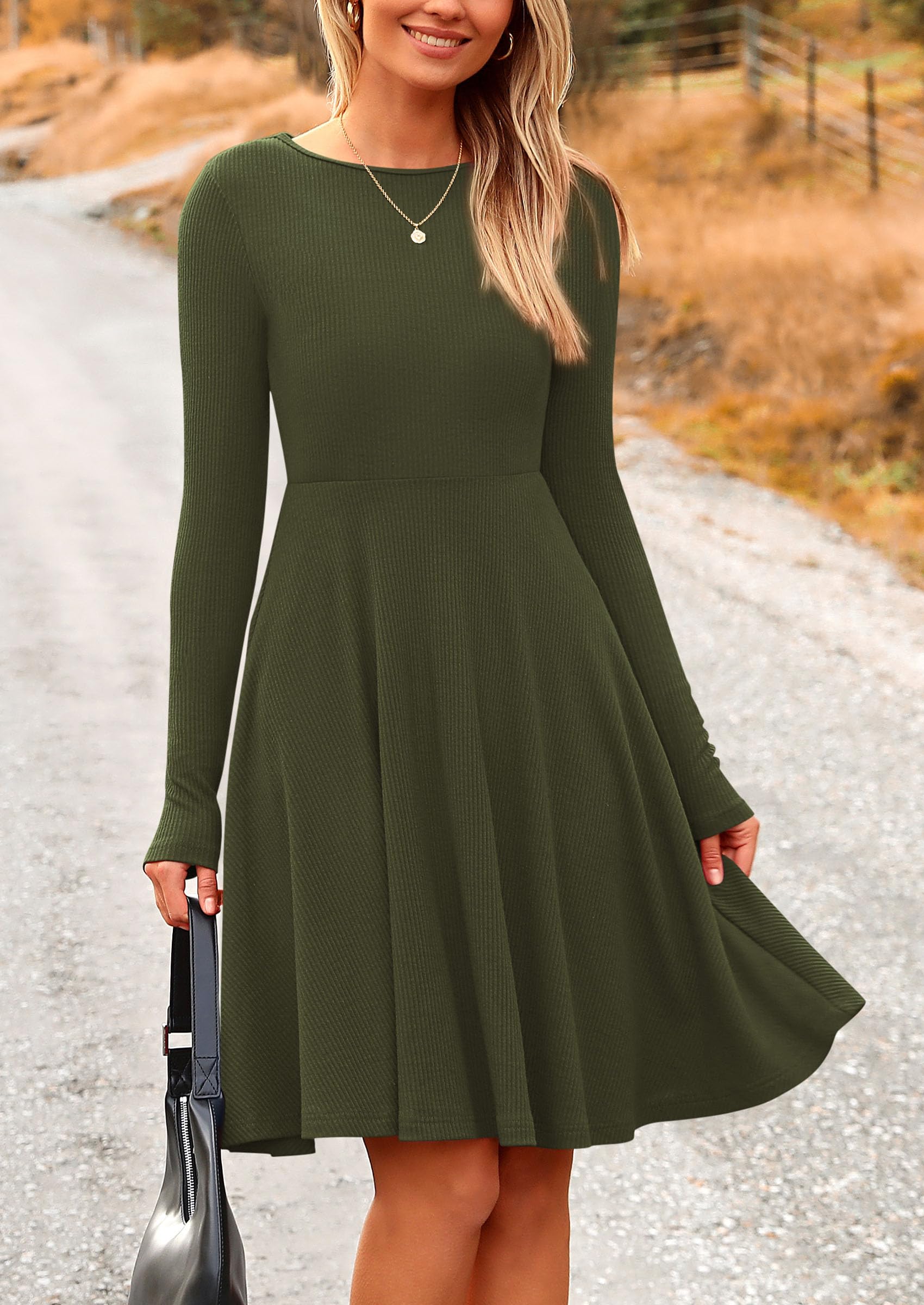 Women's Fall Casual Long Sleeve Short Dress (Army Green,S)