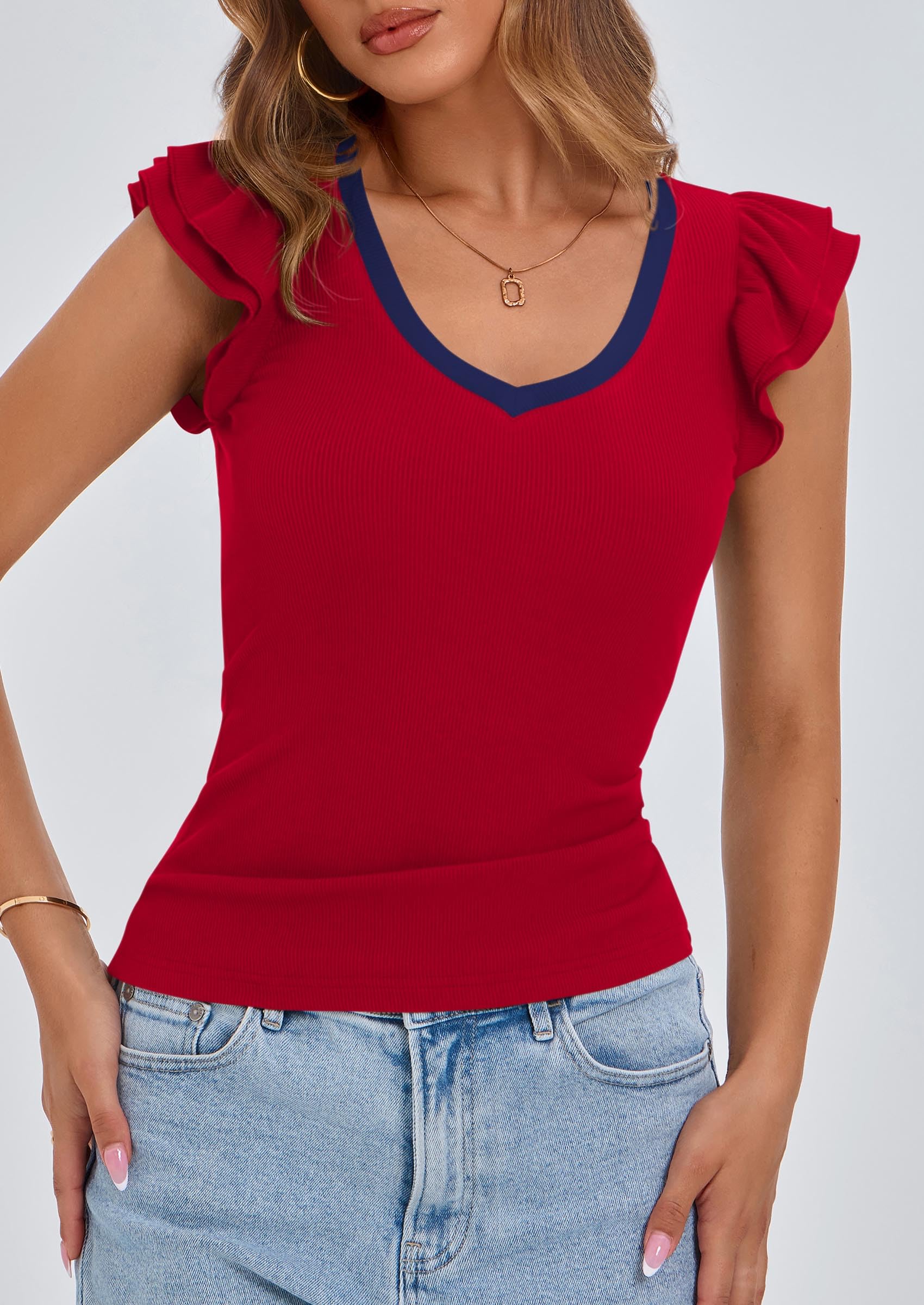 Womens Sleeveless Slim Fit T Shirts,Red Navy,S