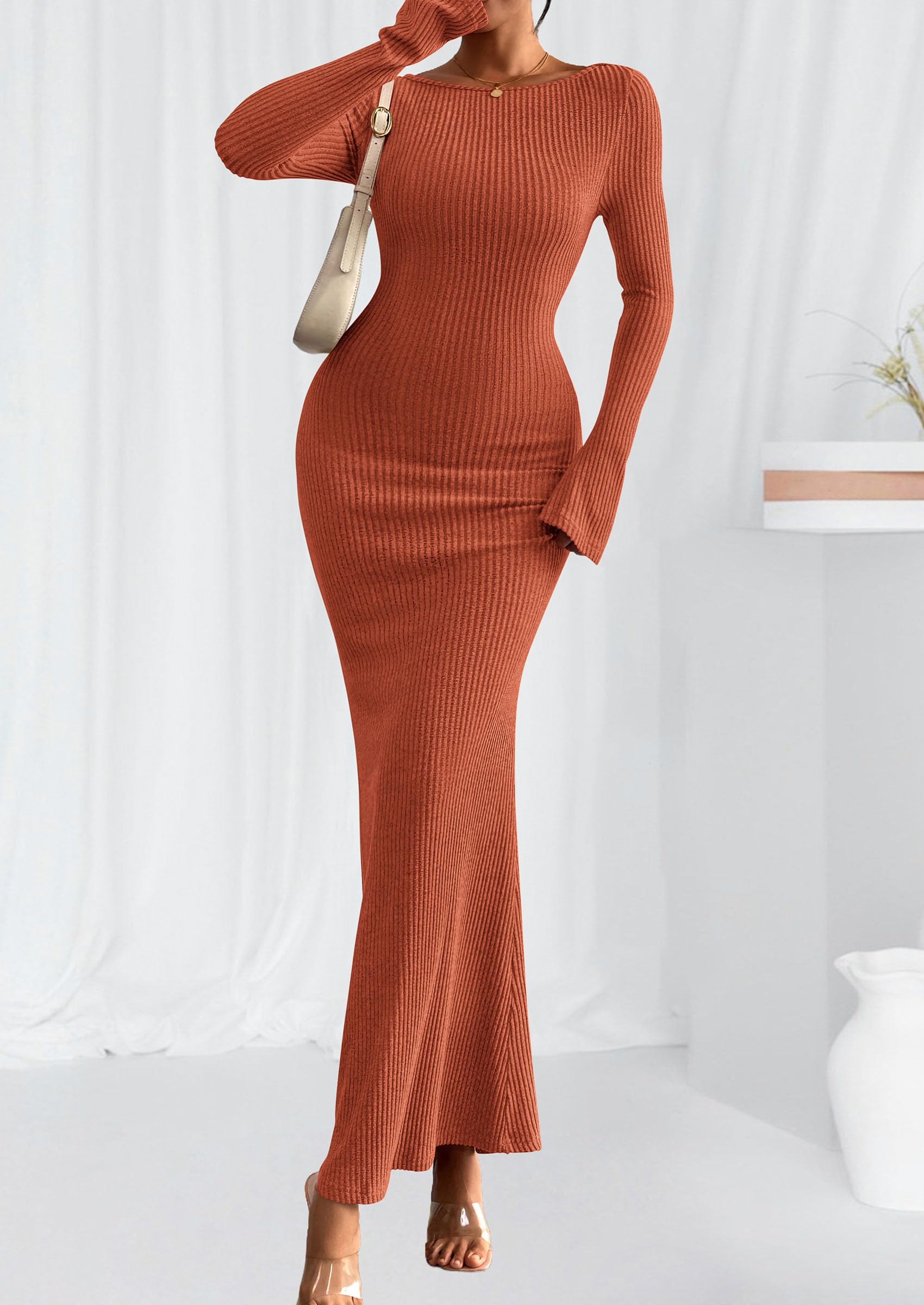 Women's Fall Long Sleeve Bodycon Maxi Dresses Burnt Orange,M