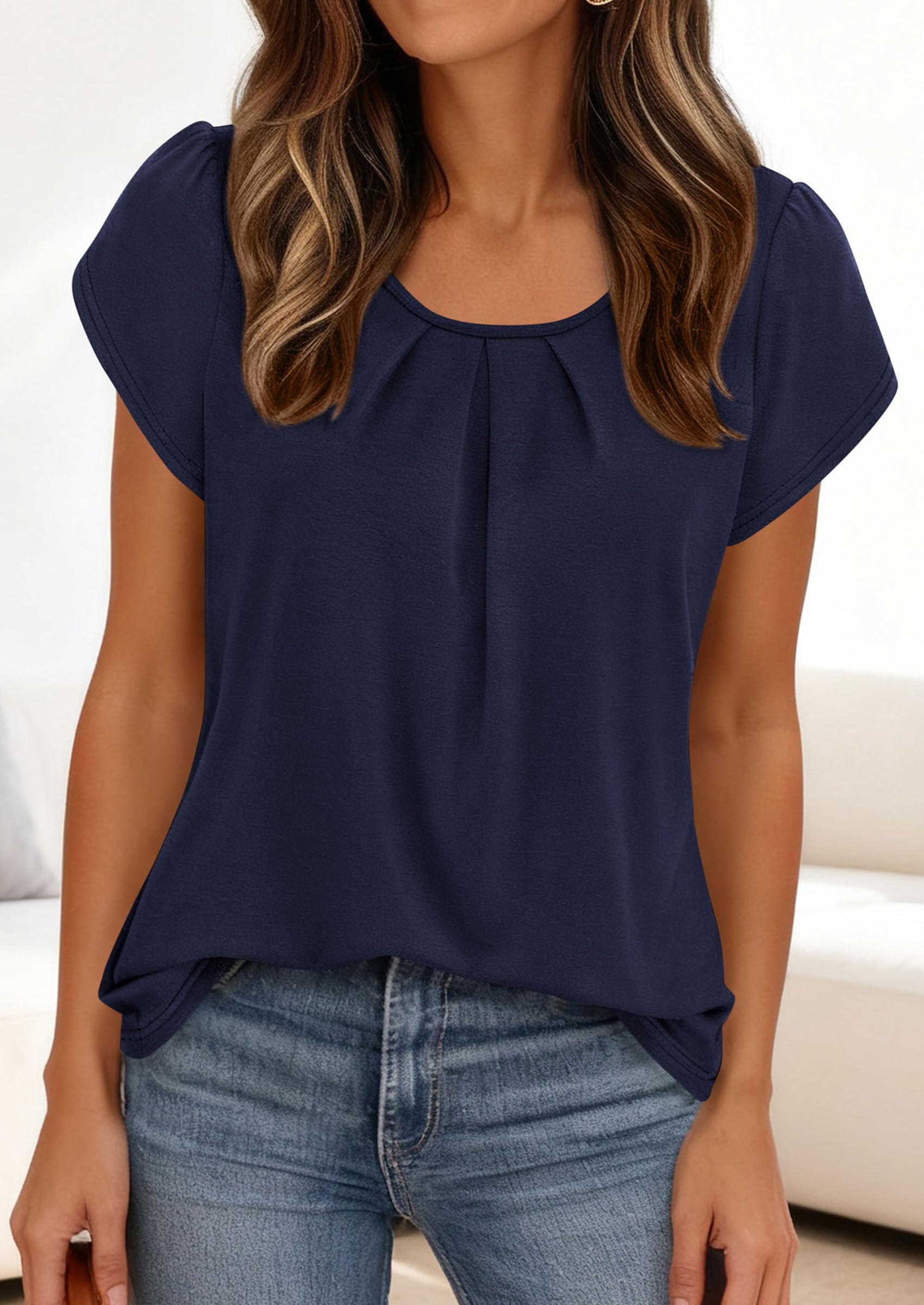 Women's Summer Short Sleeve Tops Casual Blouses,Navy Blue,S