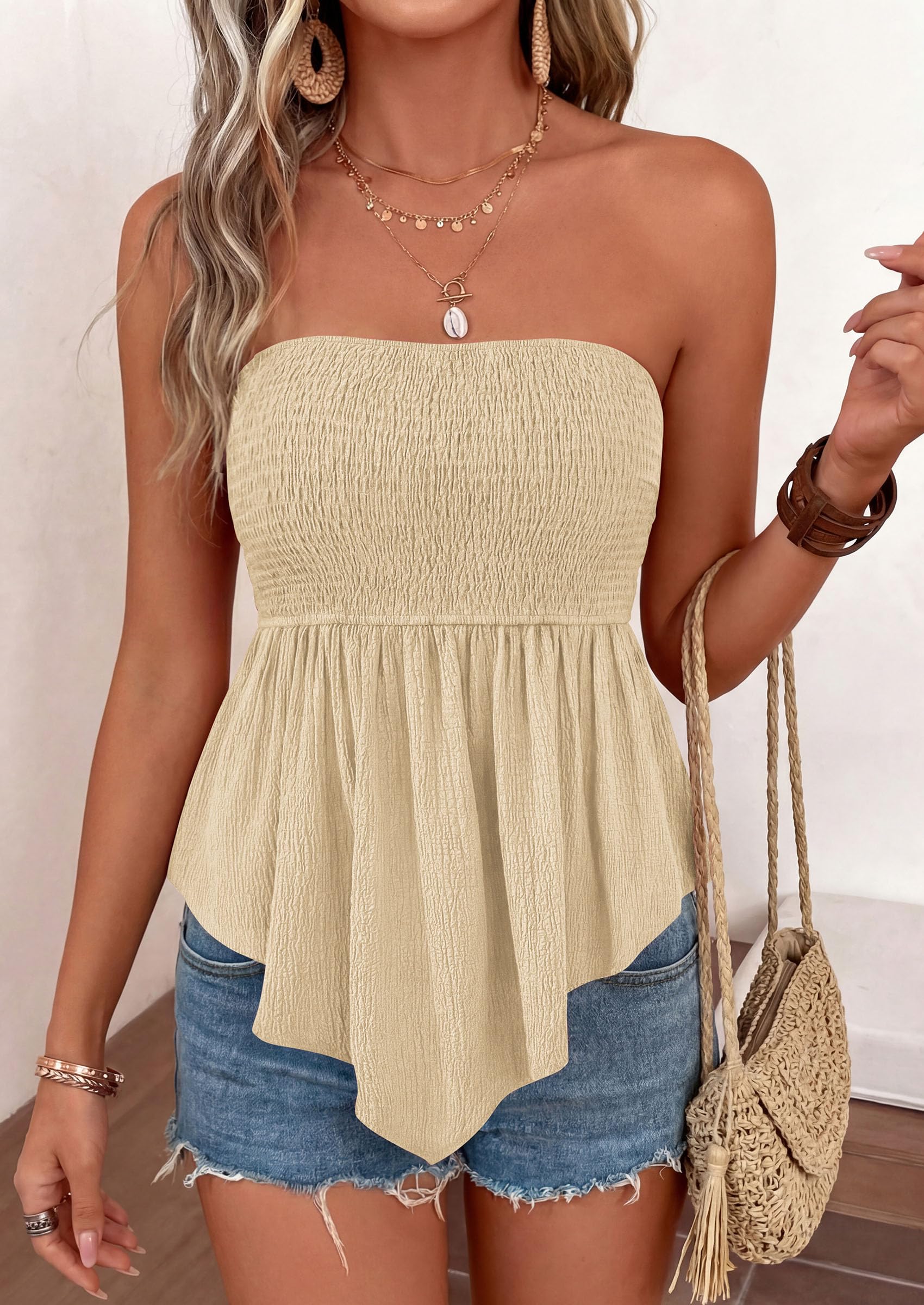 Women's Strapless Smocked Peplum Tube Top, Light Khaki,S