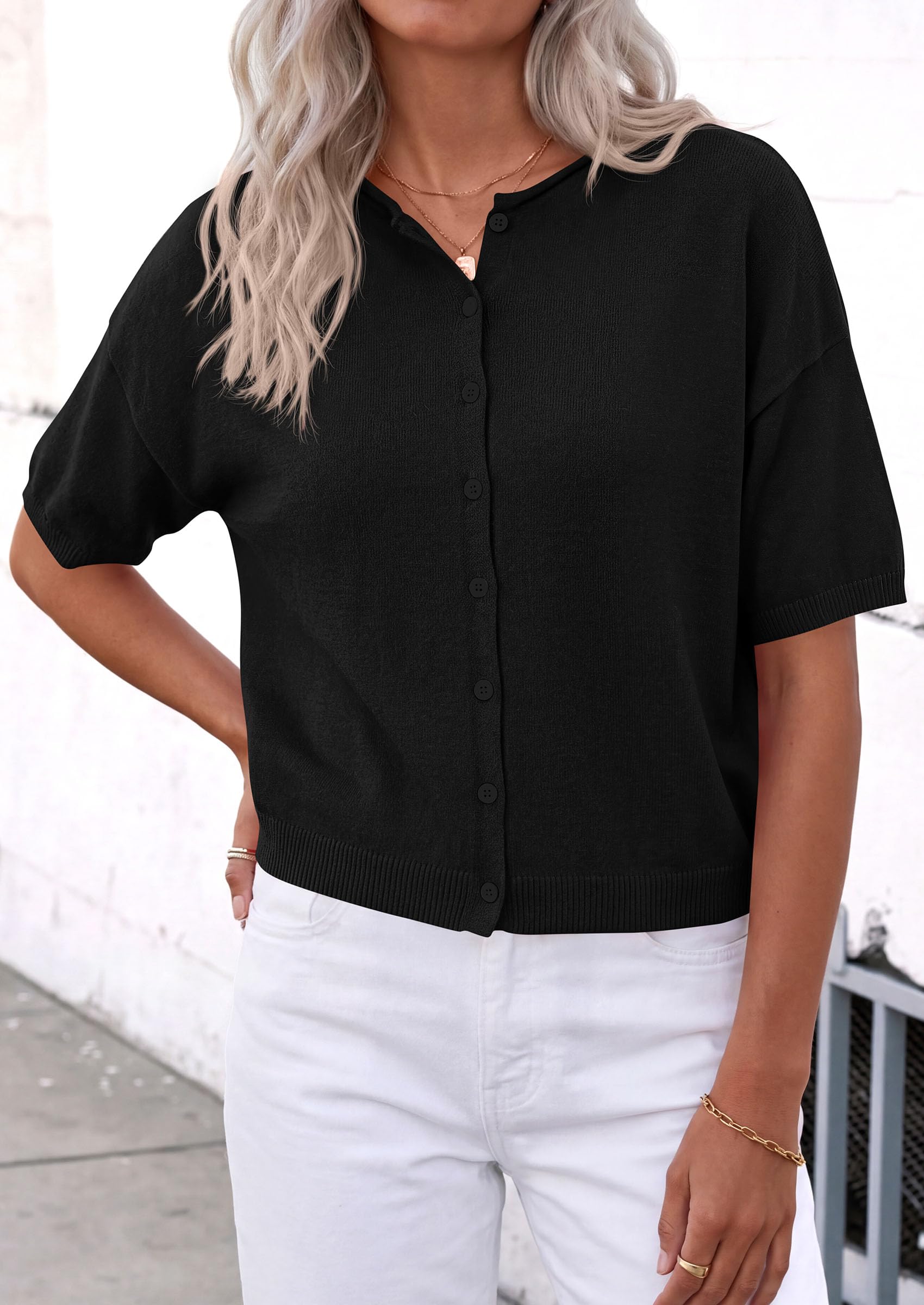 Women's Short Sleeve Cardigan Sweaters (Black,Small)