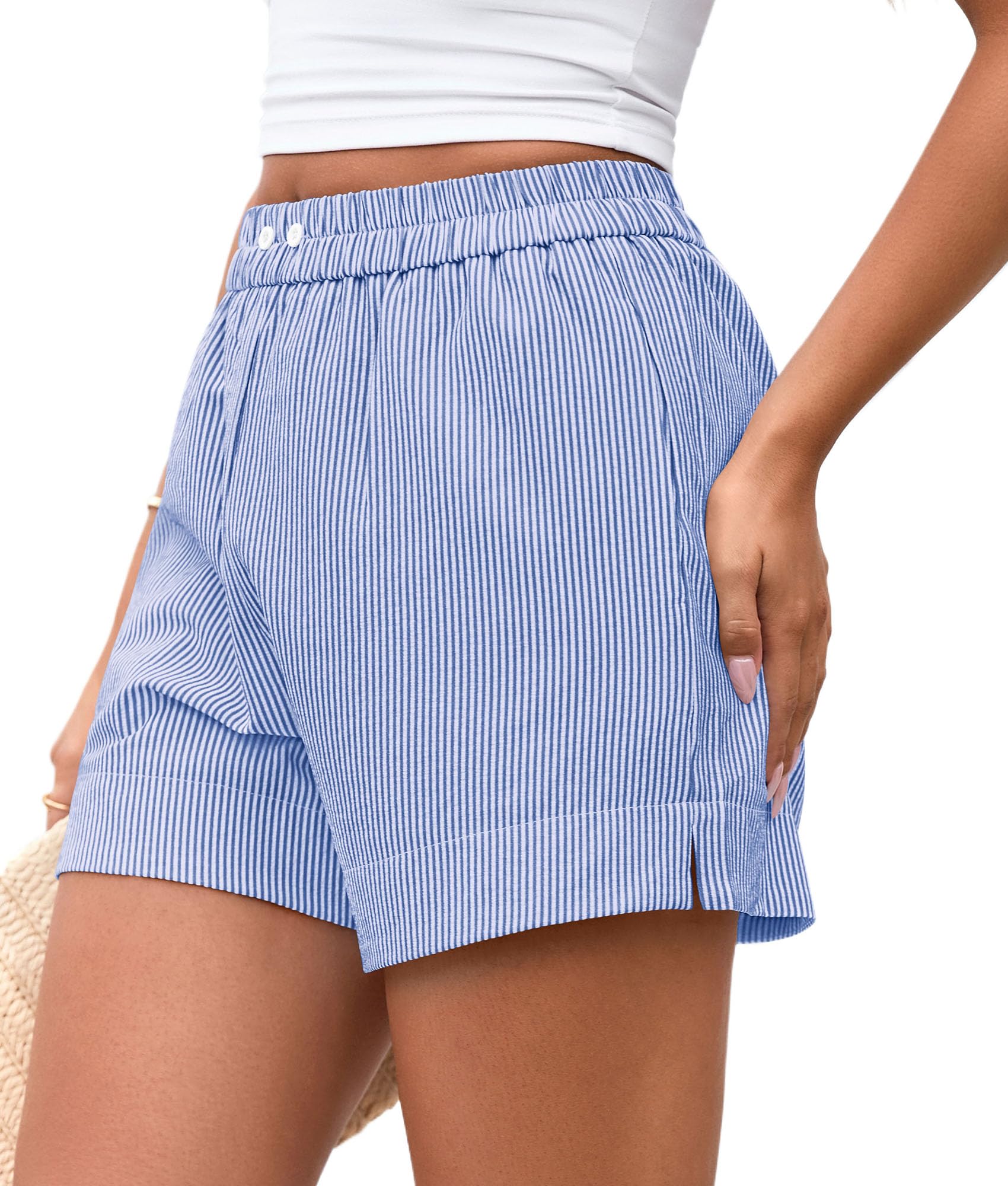 Women's Summer Striped Boxer Shorts, Striped Blue White,S