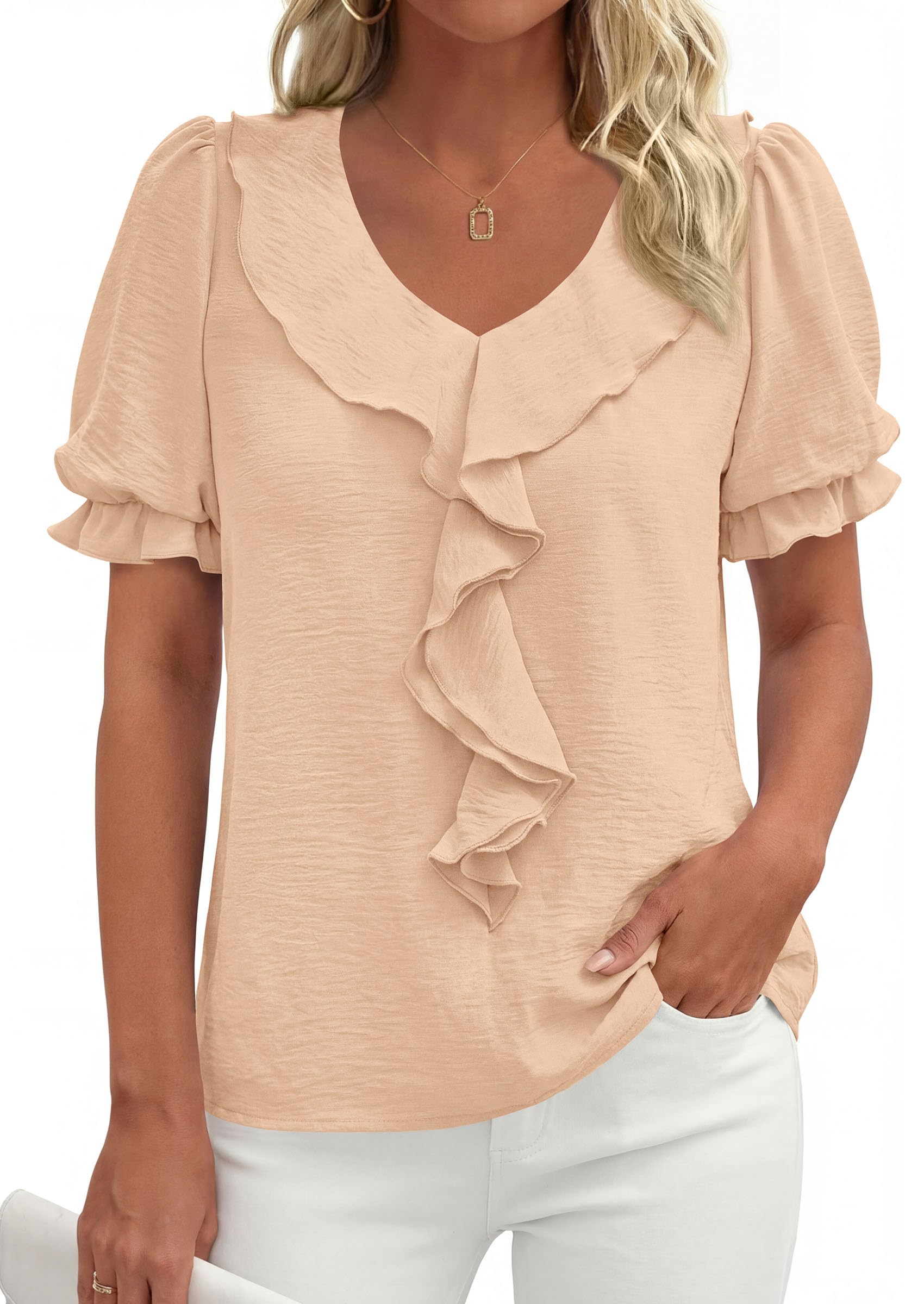 Women's Summer Ruffle Dressy Casual Blouses (Light Khaki,S)