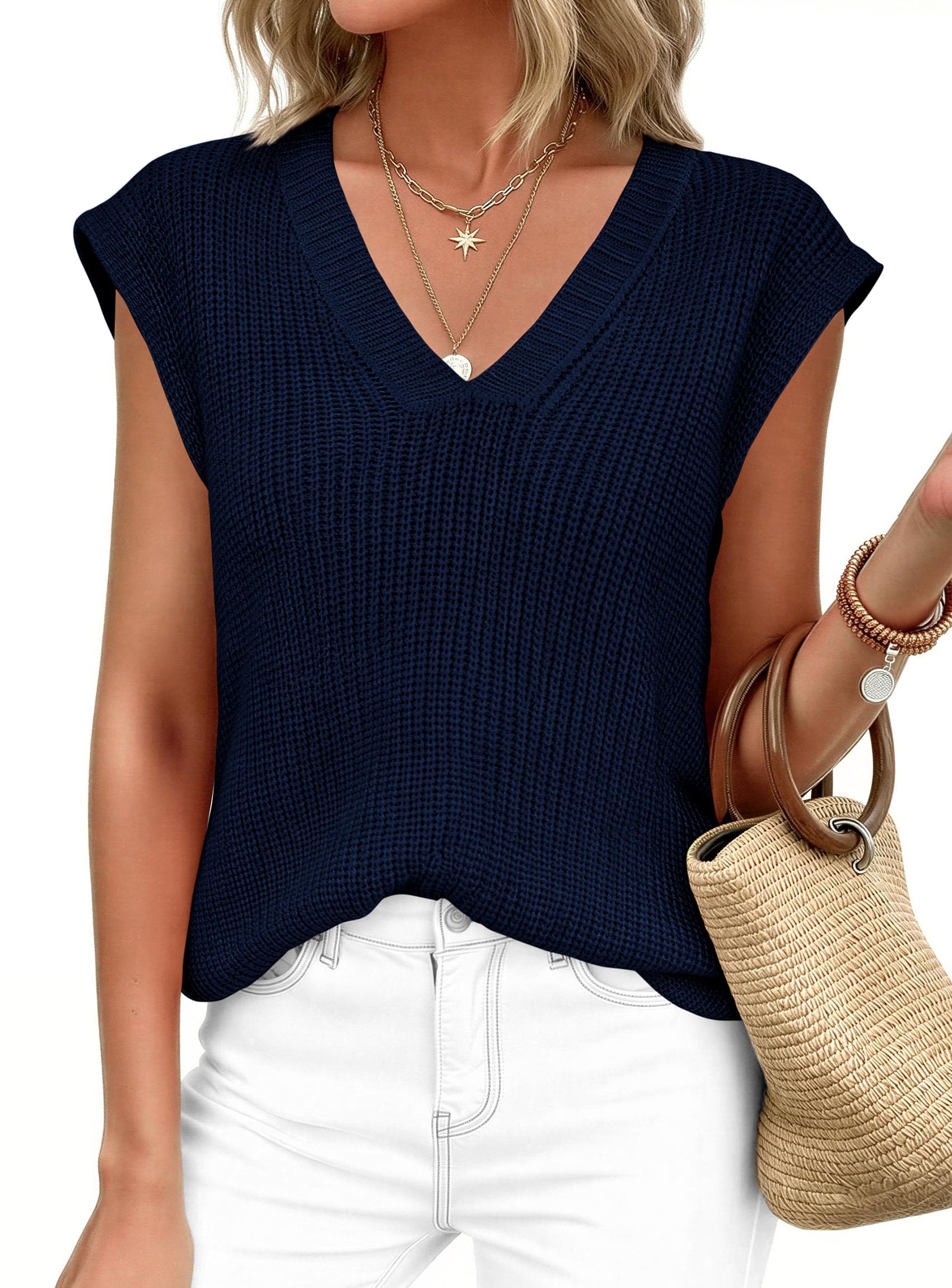 Women's Cap Sleeve Sweaters Vest Summer Tops (Navy Blue,S)