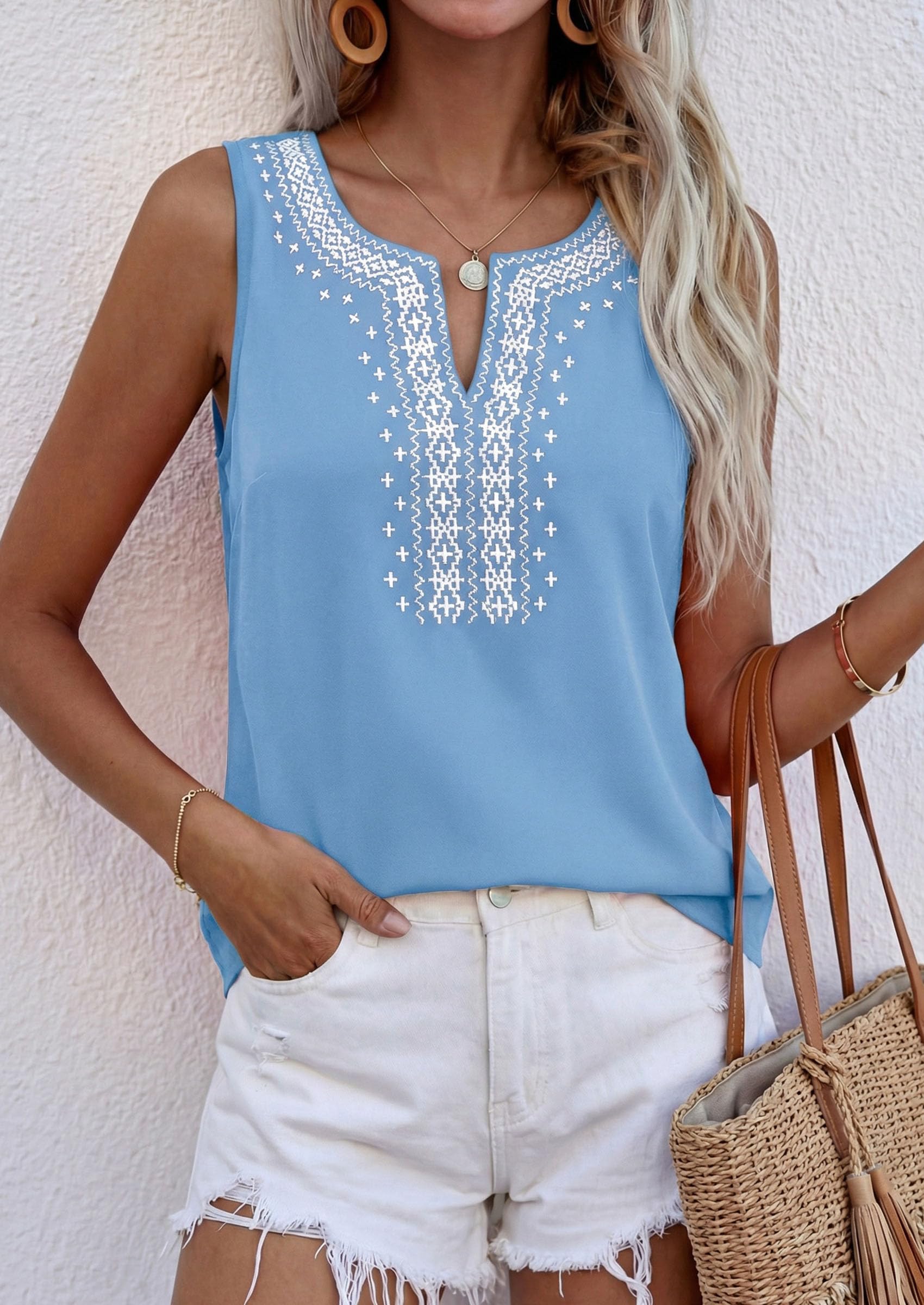 Womens Embroidered Sleeveless Tank Tops Light Blue,S