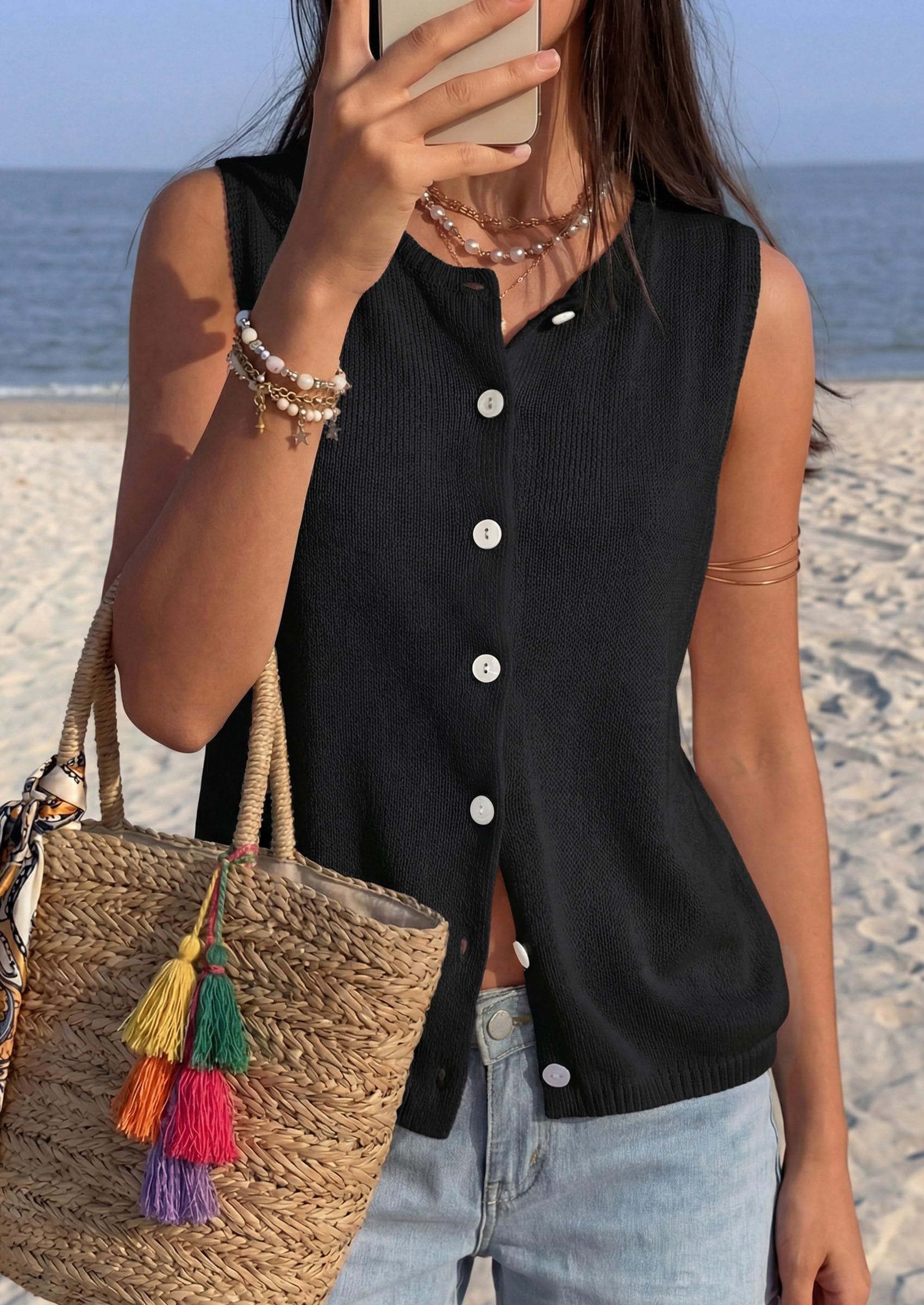 Women's Summer Button Up Sweater Vest Tops,Black,S