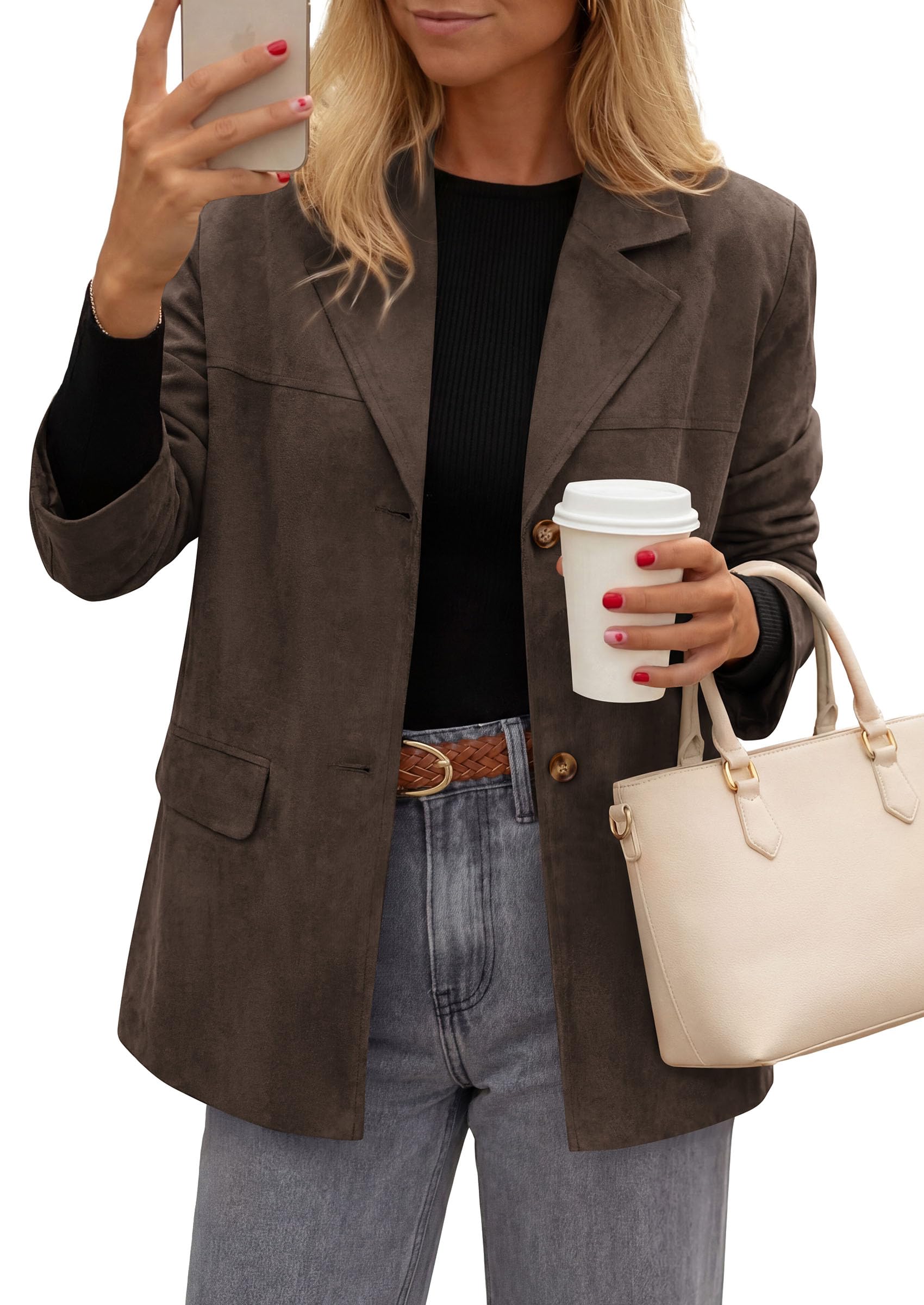 Blazers for Women Western Fall Faux Suede Jacket Dark Brown