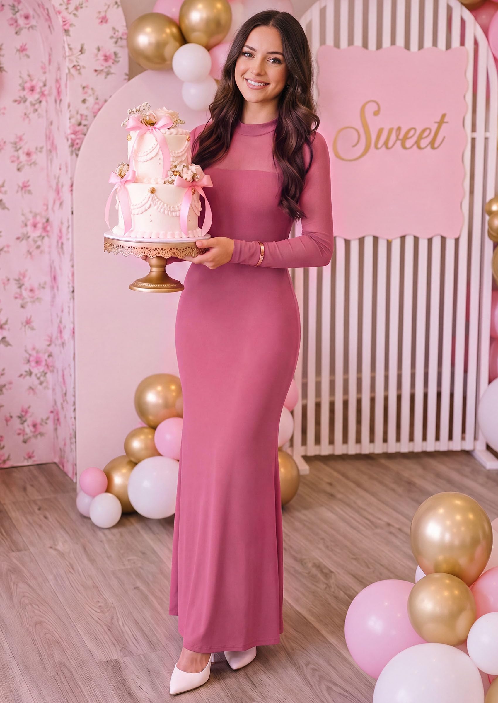Women's Long Sleeve Formal Mesh Fall Wedding Guest Maxi Dress