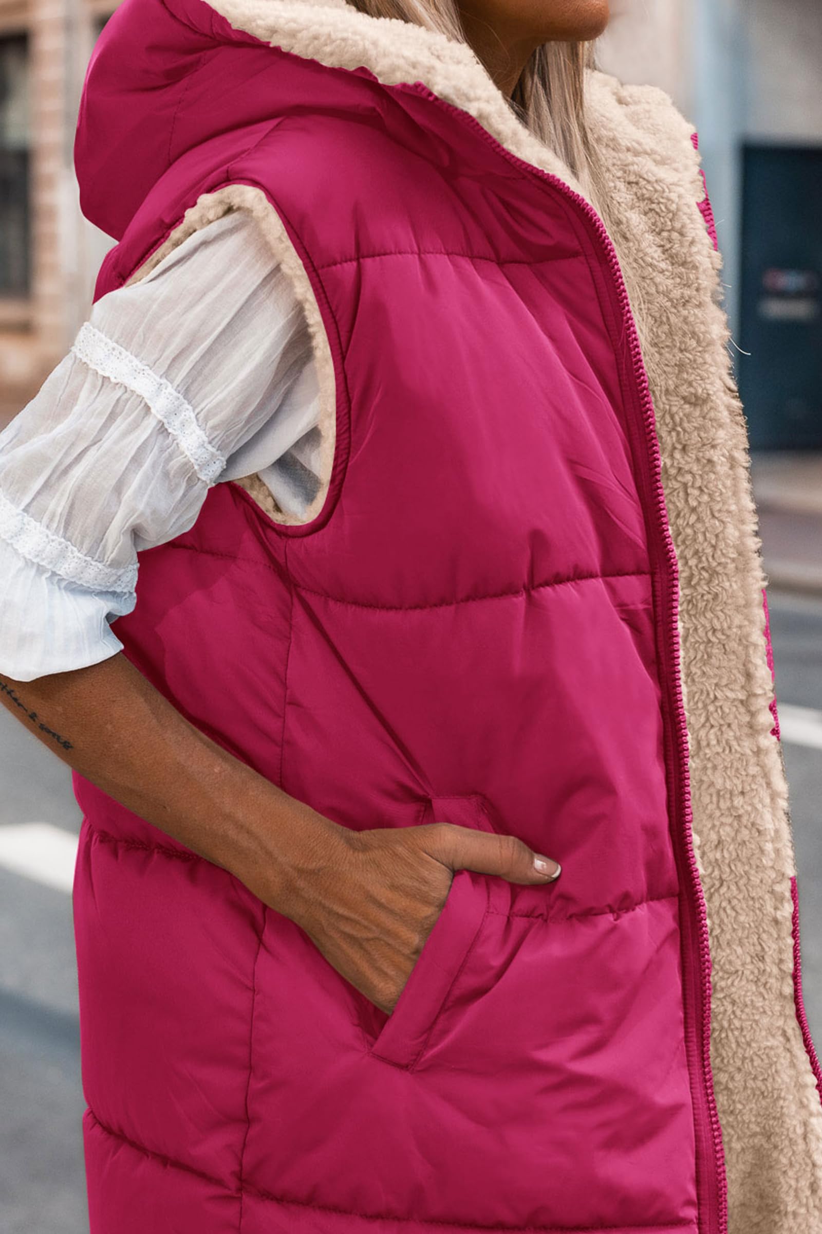 Women's Winter Reversible Fleece Long Vests(Rose Red,S)