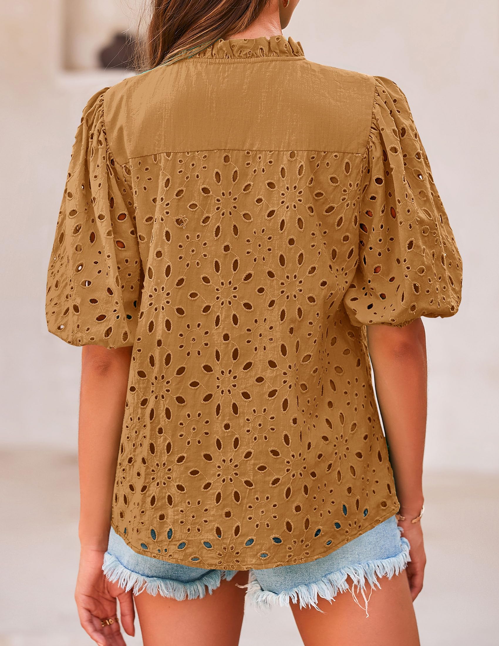Womens Tops Boho Eyelet Puff Sleeve Blouse, Khaki,S