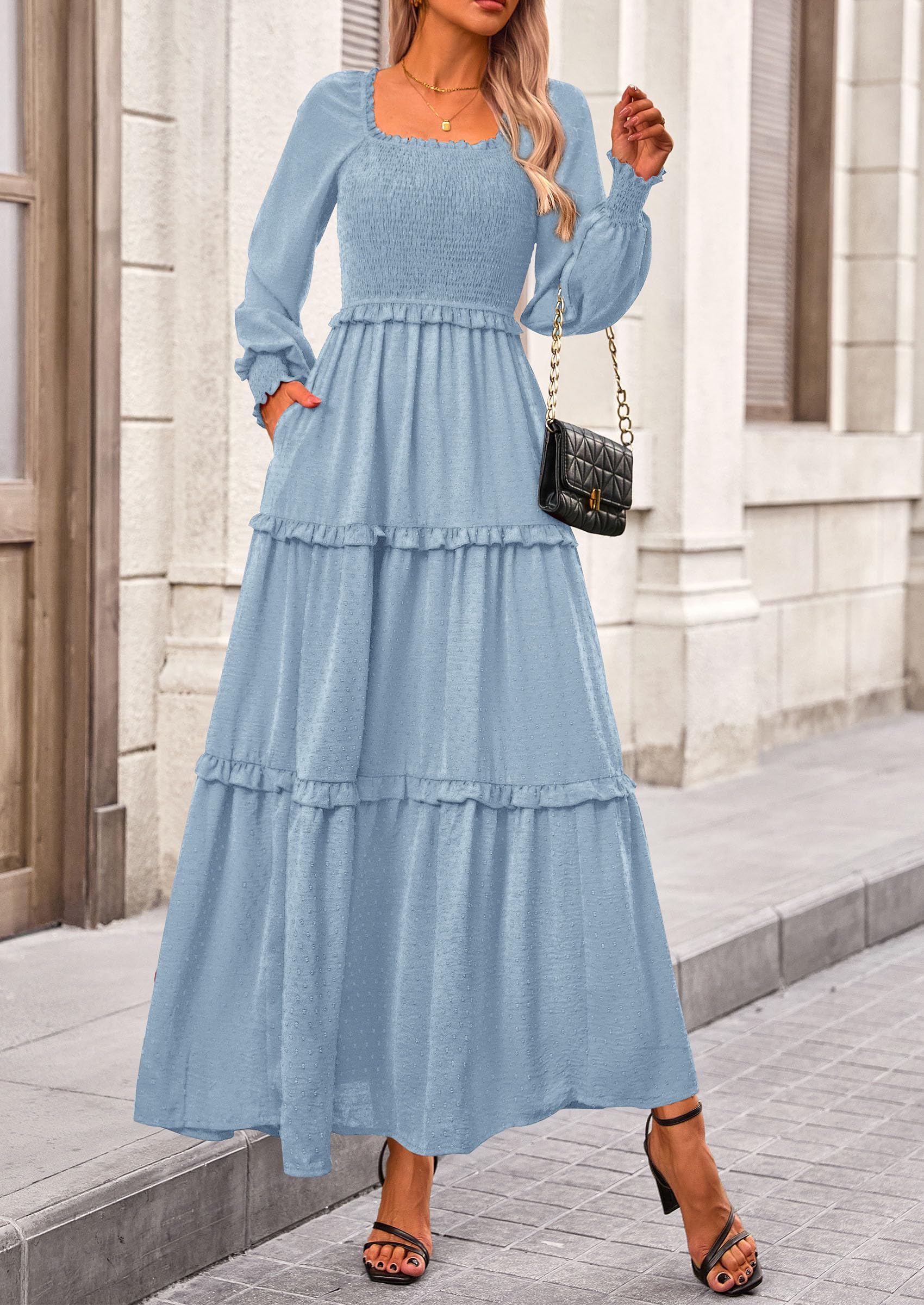 Women's Smocked Long Sleeve Maxi Dress Wedding Guest Dresses