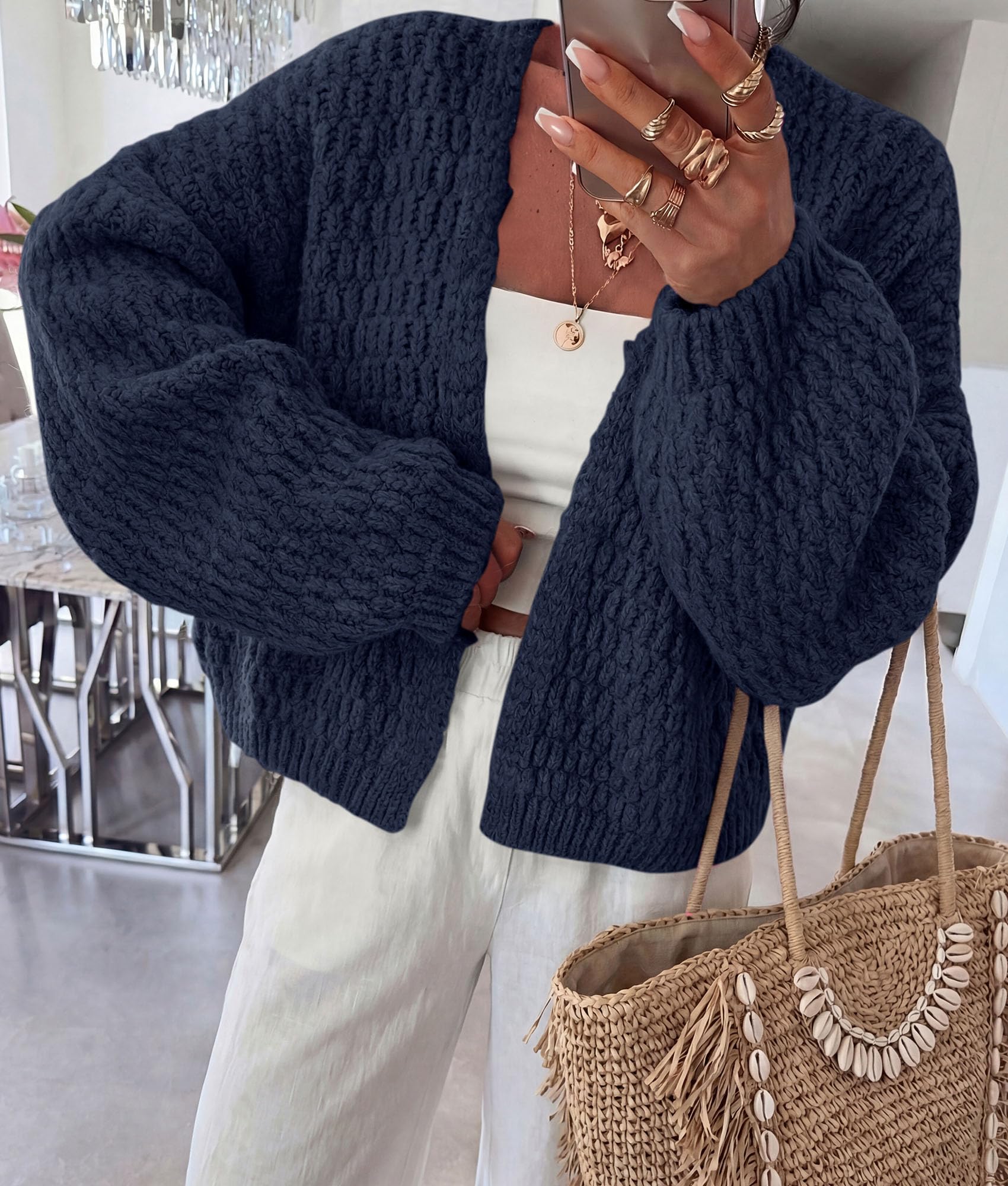 Women's Fall Cardigan Open Front Chunky Sweaters Navy Blue S