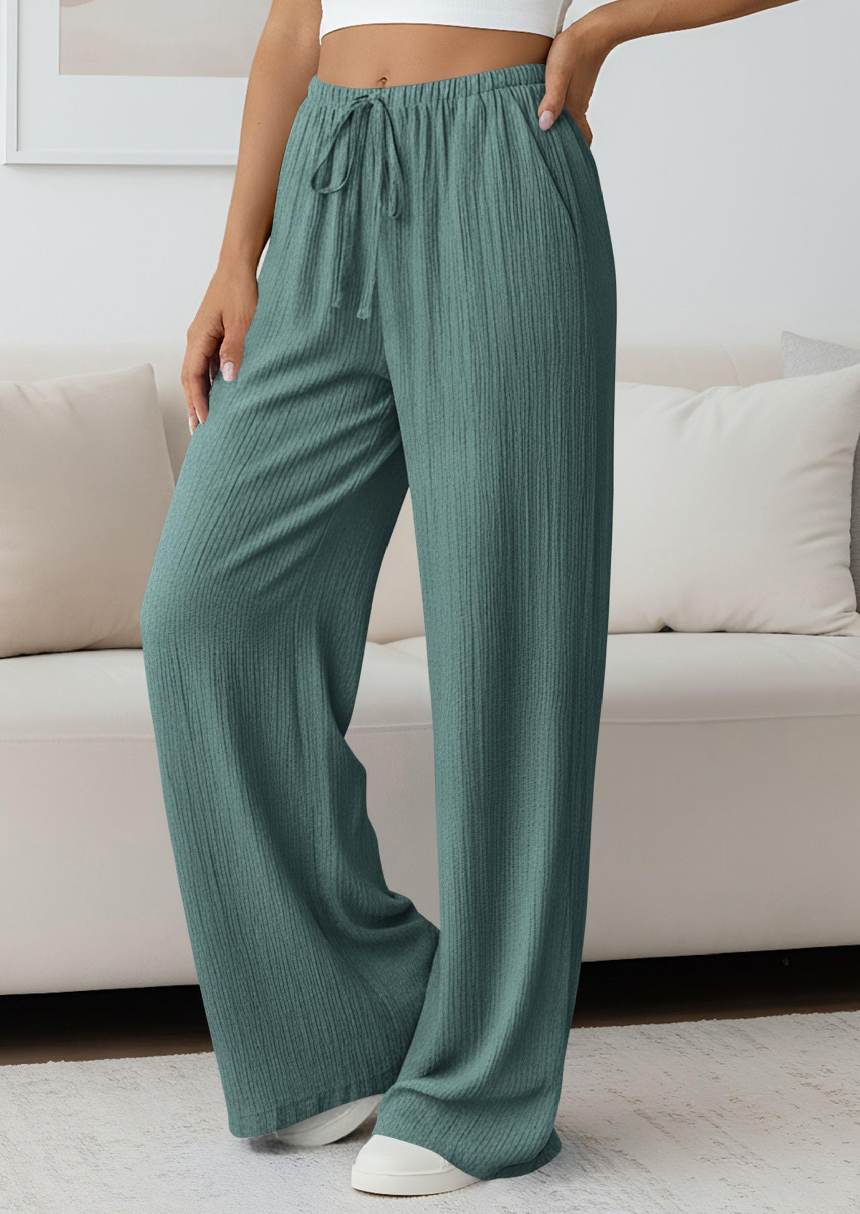 Women's Palazzo Pants Casual Wide Leg Trousers,Blue Green,S