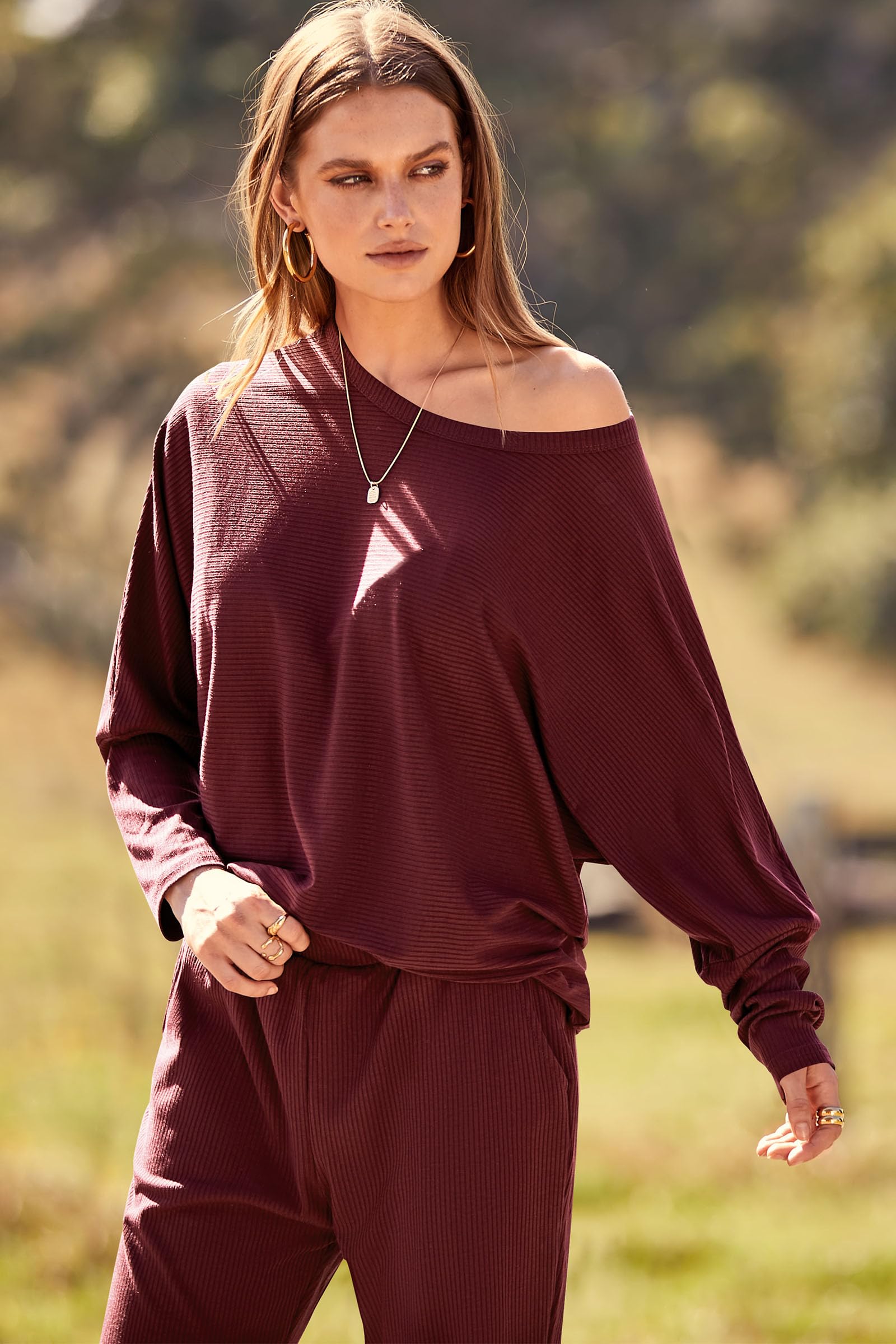 Women's 2 Piece Outfit Matching Lounge Set, Brown Red,S