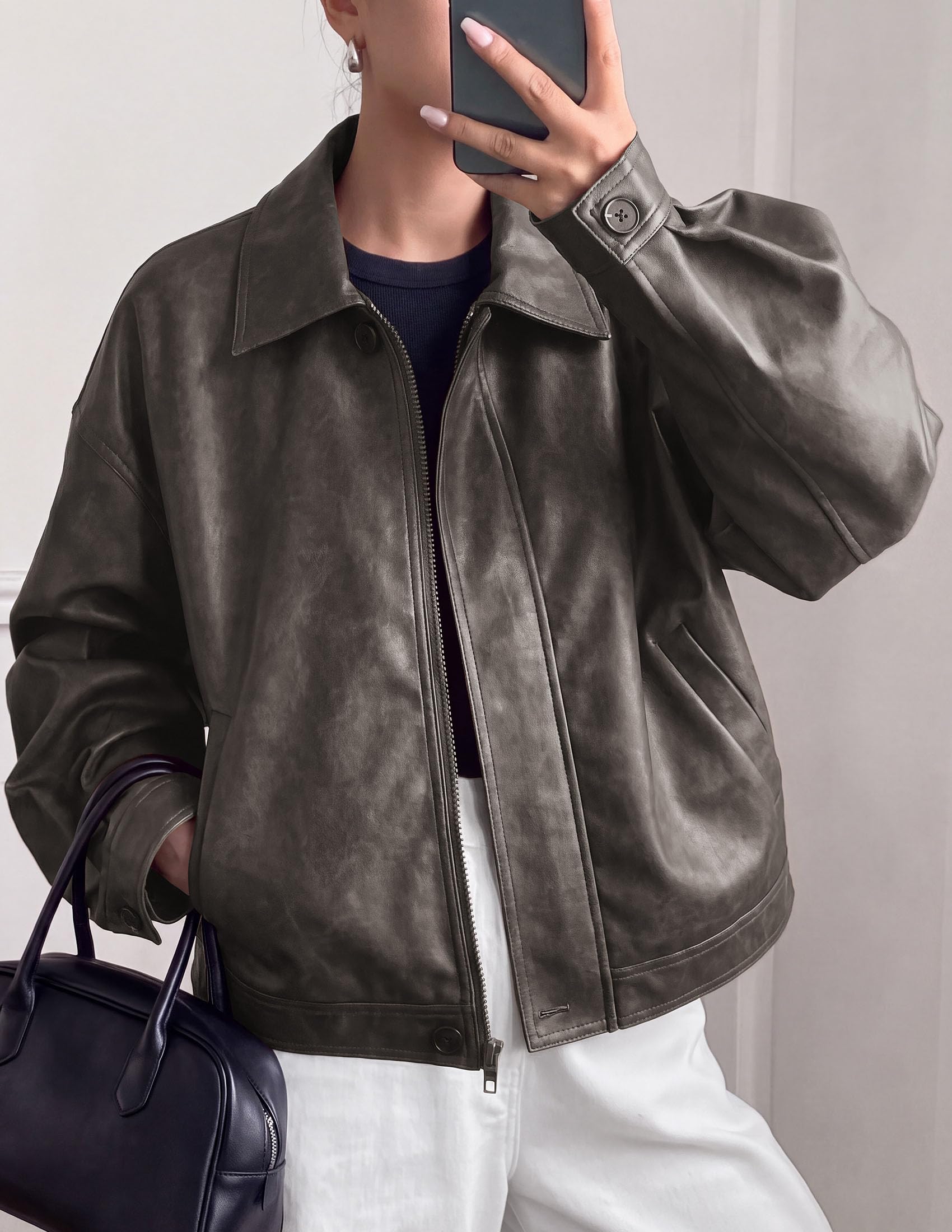 Women's Faux Leather Oversized Motorcycle Jackets Fall Outfits