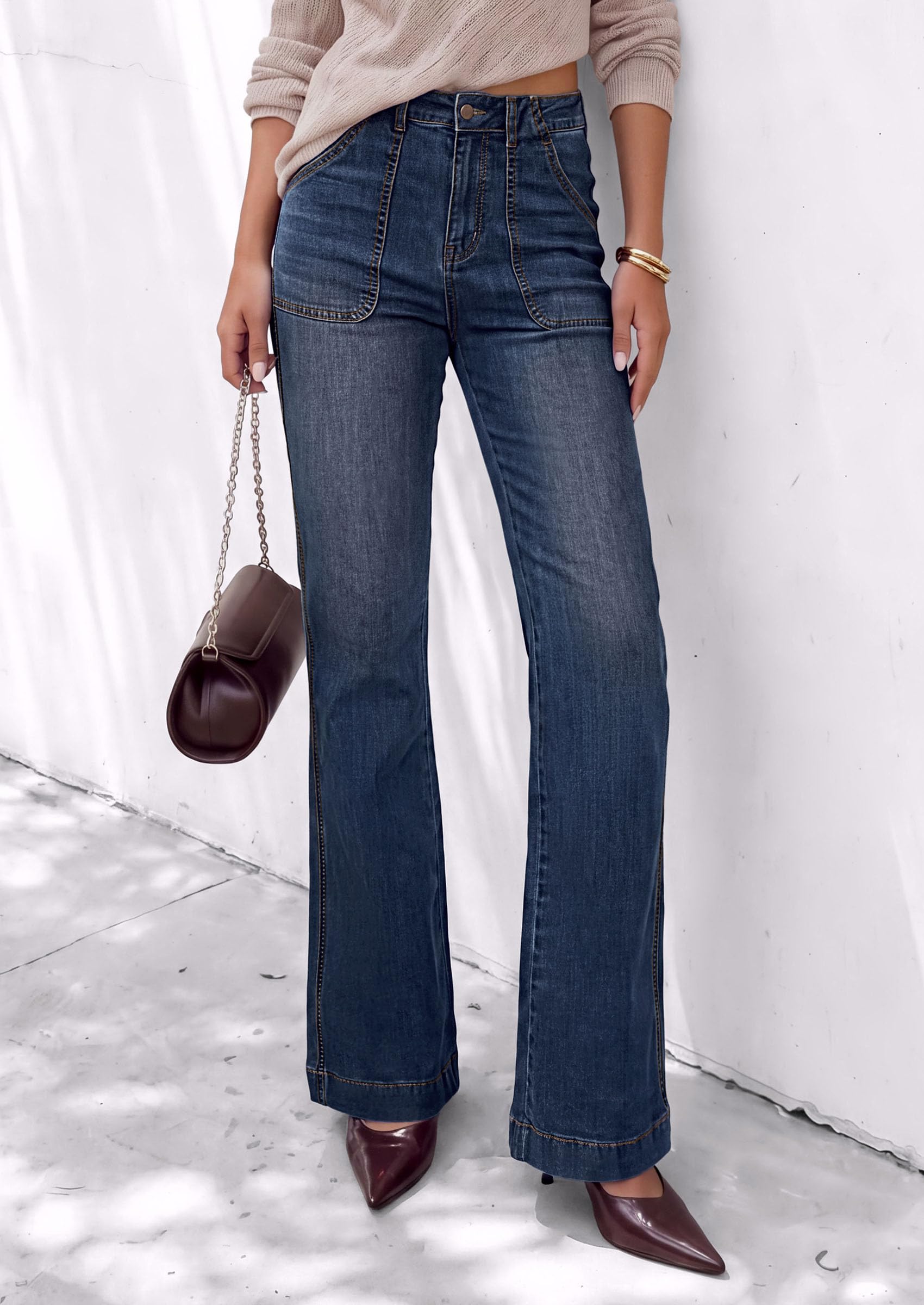 Womens High Waisted Wide Leg Jeans Demin Pants Dark Blue