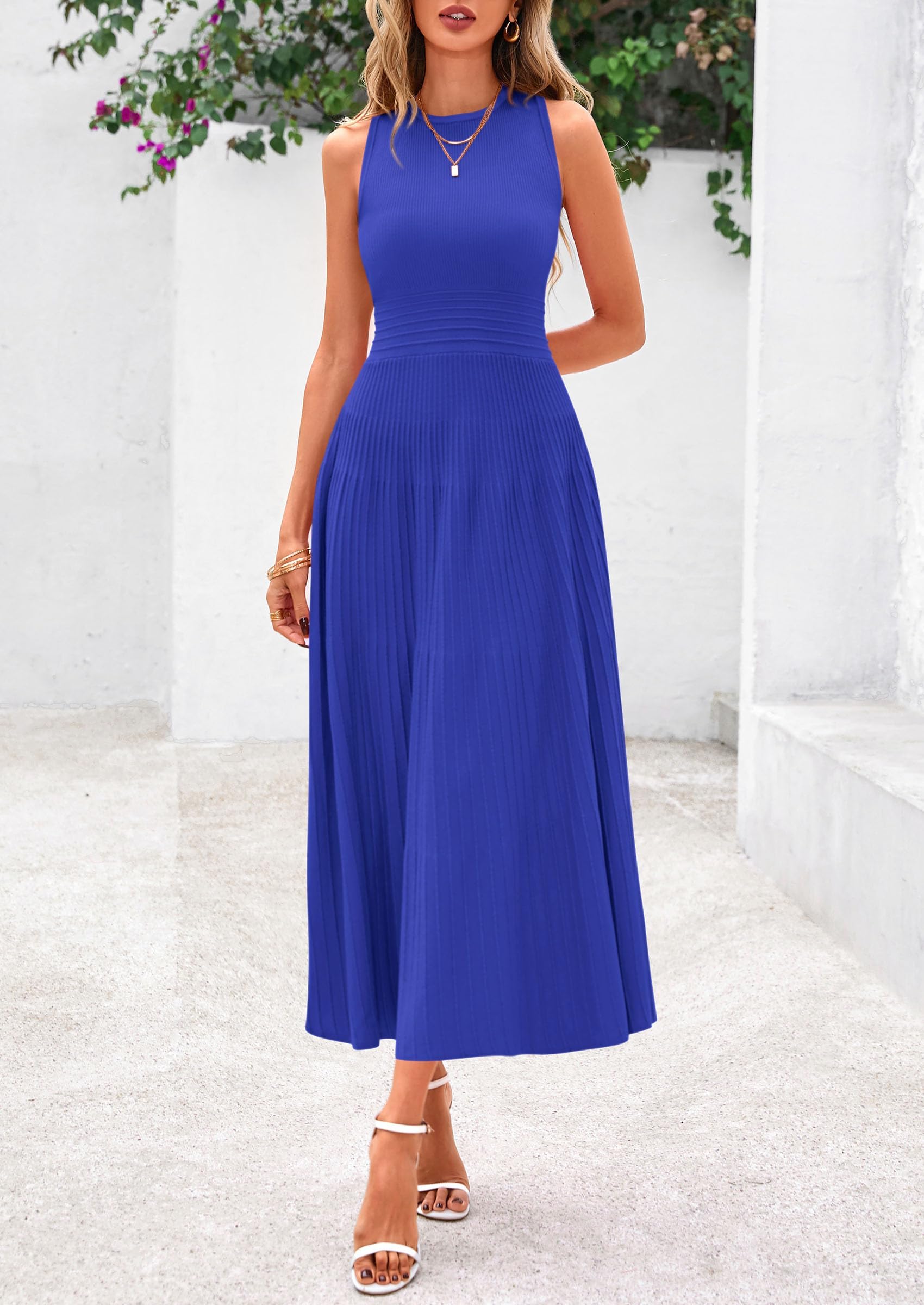 Women's Summer Pleated Midi Work Dress,Brilliant Blue,S
