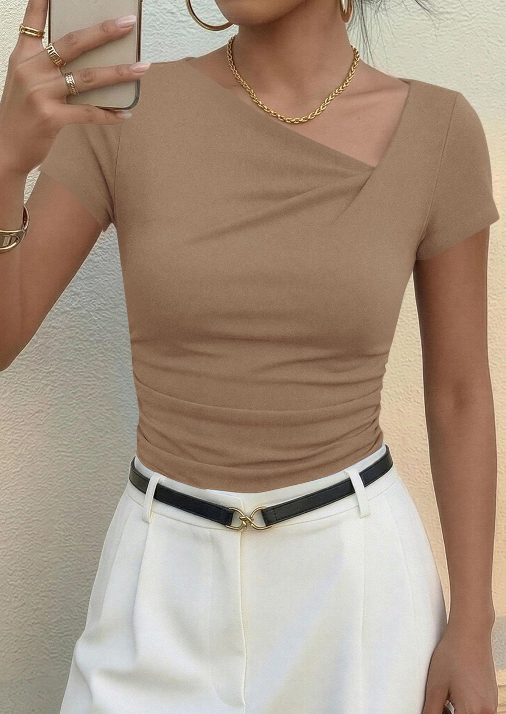 Women's Summer Trendy Asymmetrical Y2K Tops (Khaki,M)