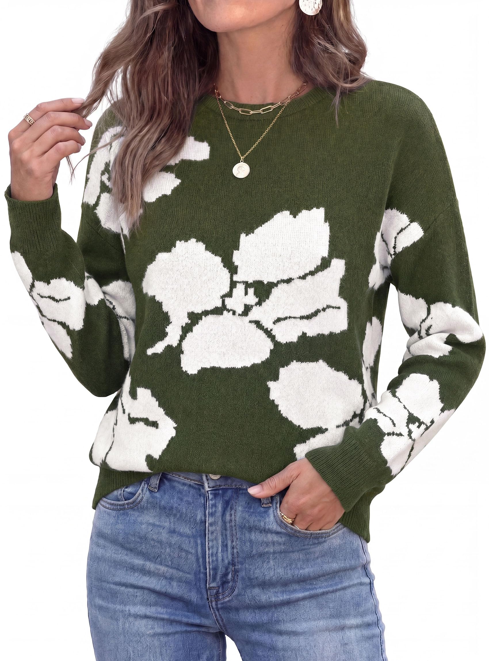 Womens Floral Sweater Crewneck Printed Pullover Tops