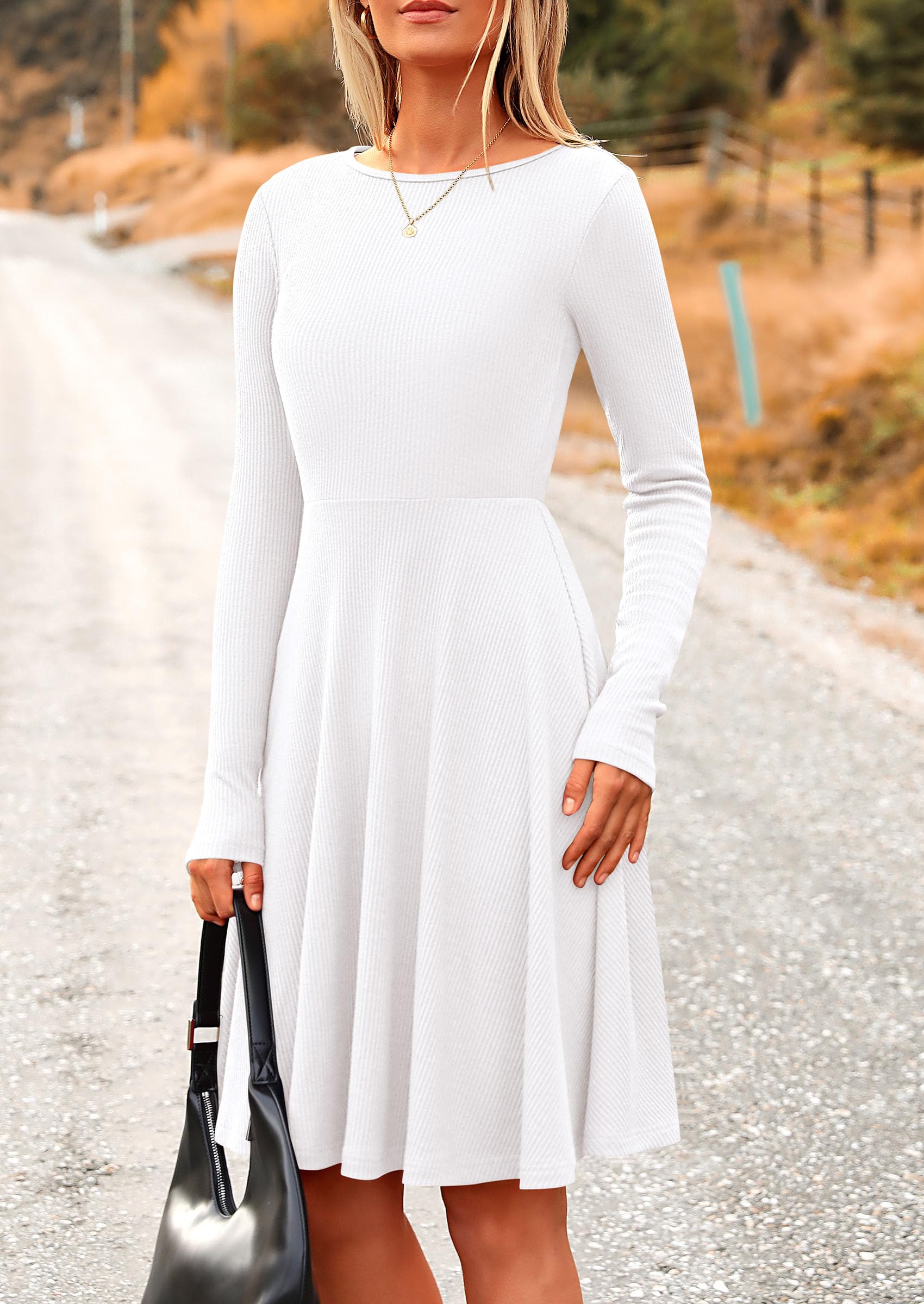 Women's Fall Casual Long Sleeve Short Dress (White,XL)