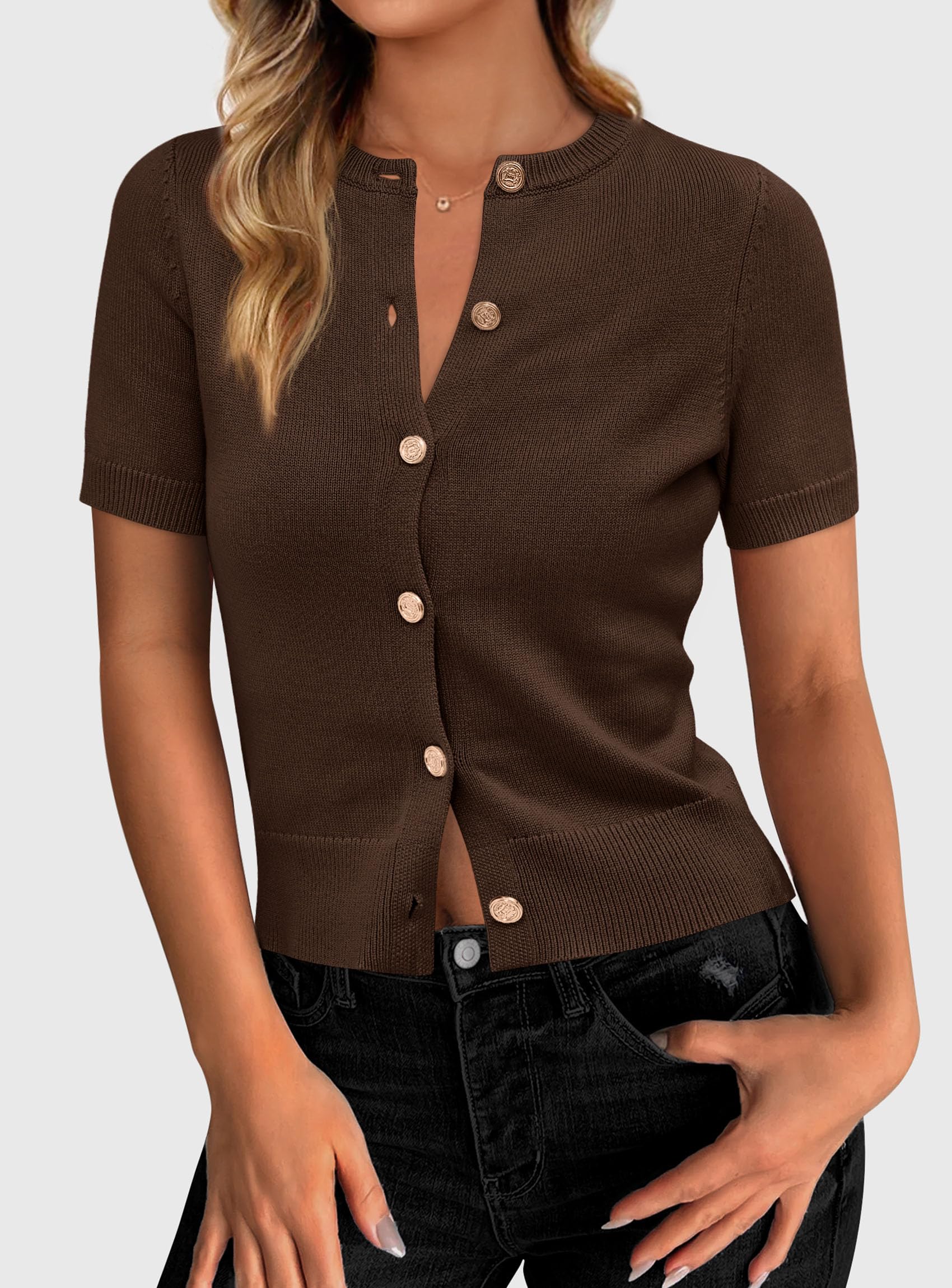 Womens Summer Cardigan Short Sleeve Sweater,Dark Brown,S