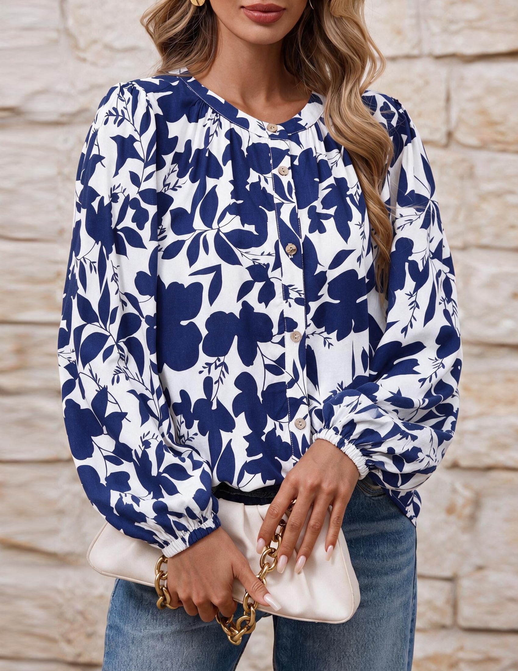 Women's Boho Tops Fall Long Sleeve Button Down Floral Blouses