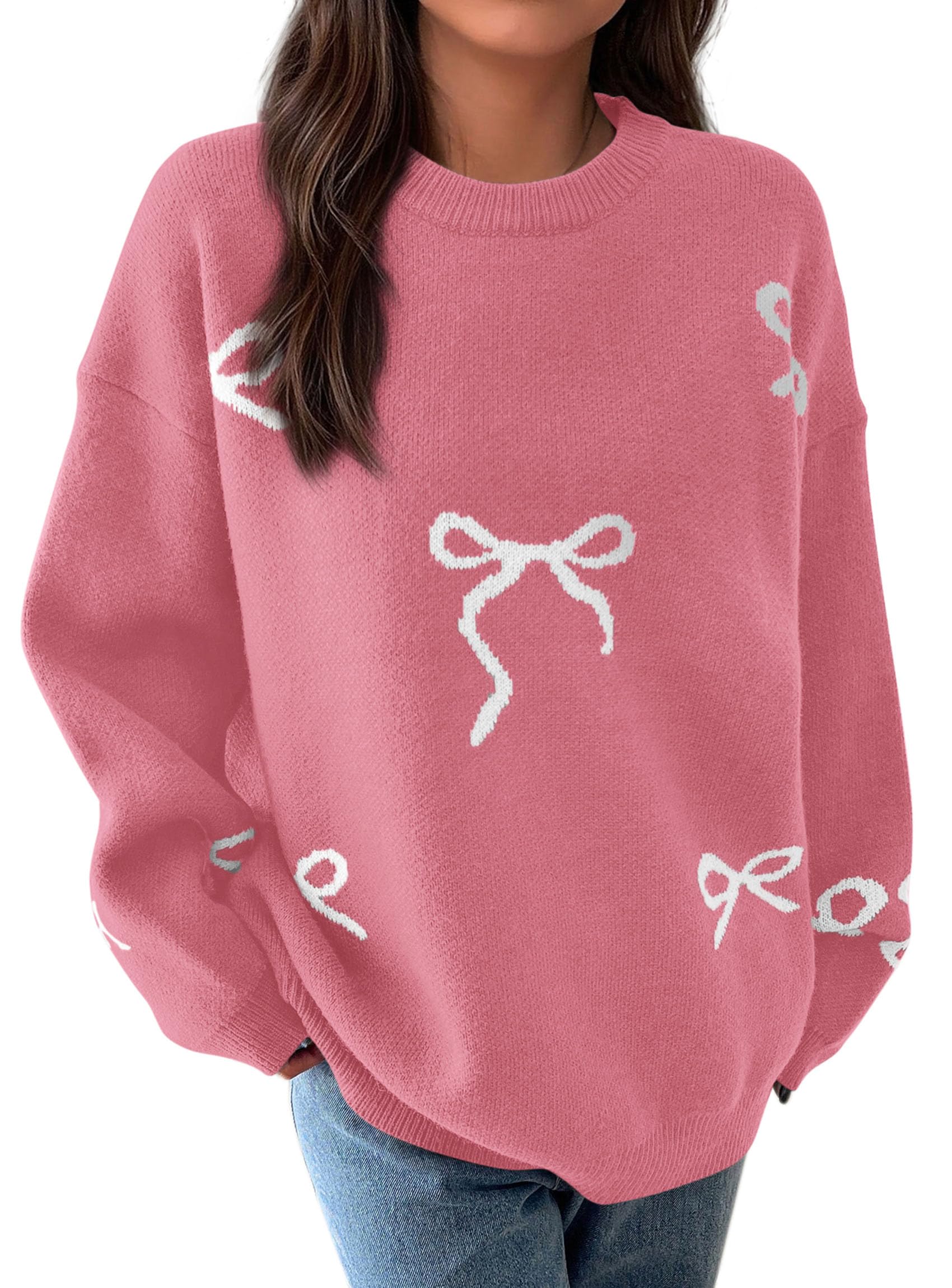 Fall Long Sleeve Pullover Sweaters for Women 2026 Trendy Crewneck Casual Cute Bow Chunky Knit Oversized Sweater (Dusty Pink,Small)